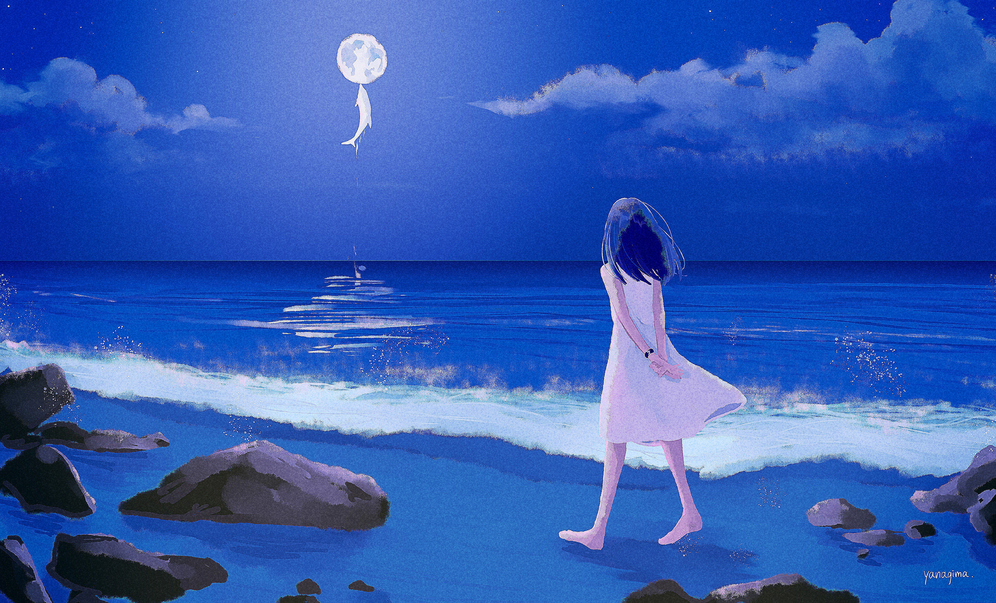yanagima yu03, original, highres, arm behind back, barefoot, beach, cloud, dolphin, dress, from behind, full moon, medium hair, moon, night, night sky, ocean, rock, sky, waves, white dress