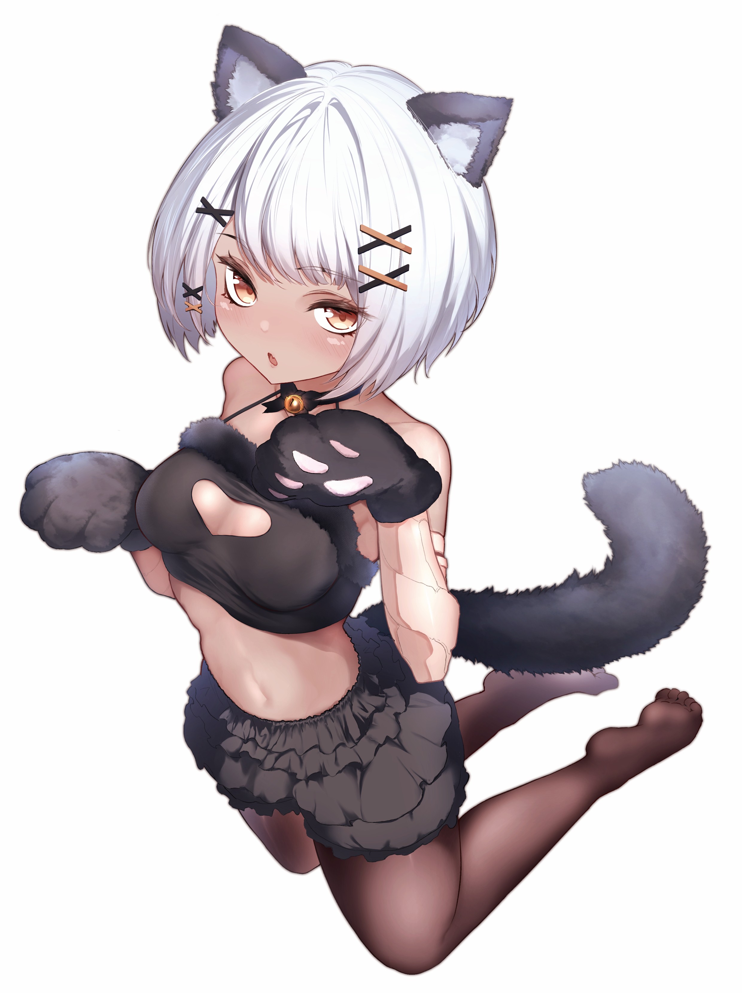 takashi san, sophia (pgr), punishing: gray raven, absurdres, commentary request, highres, 1girl, alternate costume, animal ears, animal hands, arms up, bell, black bloomers, black bow, black choker, black pantyhose, bloomers, blush, bow, bra, breasts, brown eyes, cat paws, choker, clothing cutout, crop top, cropped shirt, dark-skinned female, dark skin, fake animal ears, fake tail, fang, full body, fur-trimmed bra, fur trim, hair ornament, hairclip, heart cutout, jingle bell, kneeling, looking at viewer, mechanical arms, medium breasts, open mouth, pantyhose, parted bangs, paw pose, short hair, simple background, skin fang, solo, tail, underwear, white background, white hair