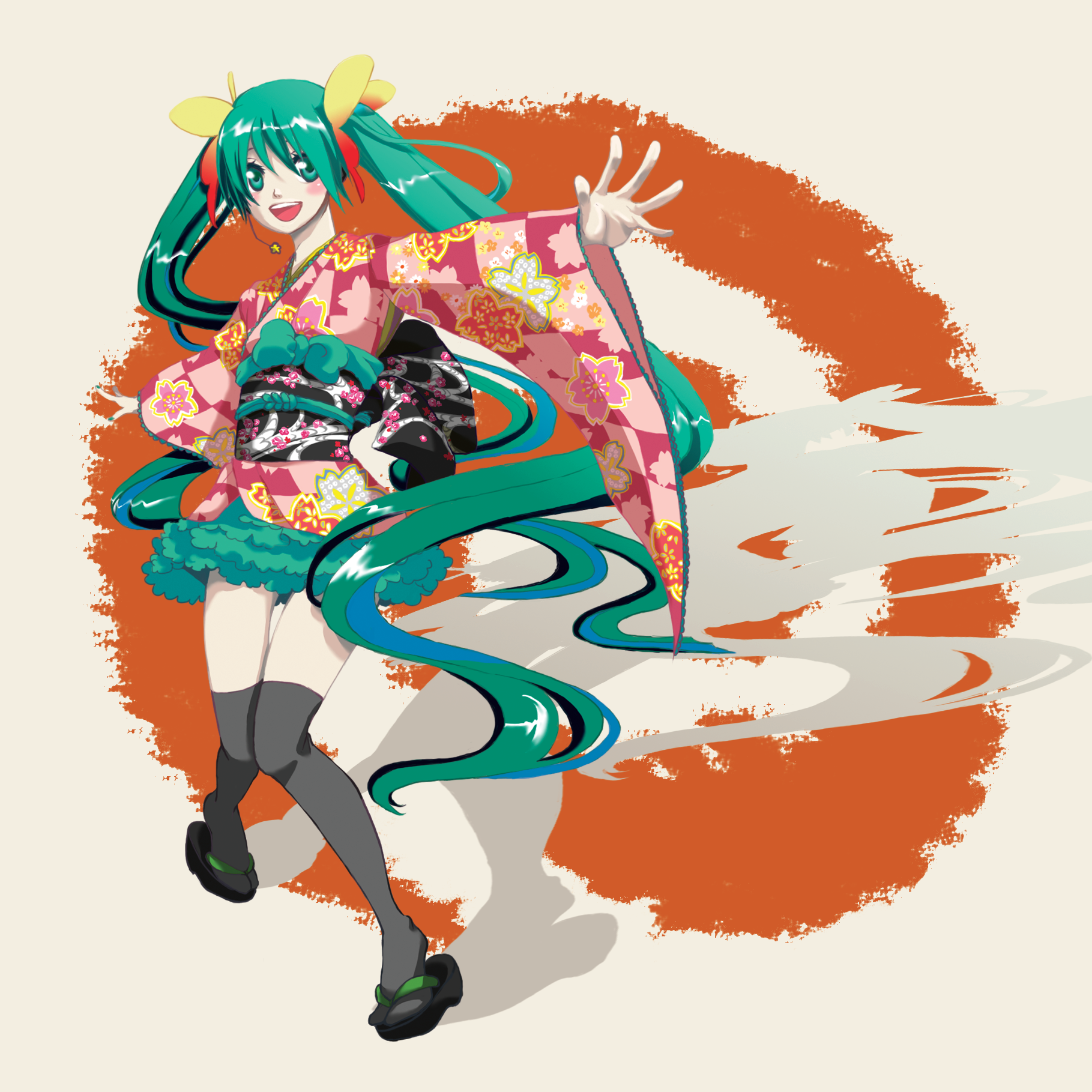 hatsune miku, vocaloid, highres, blush, green eyes, green hair, japanese clothes, kimono, long hair, obi, sash, skirt, smile, thighhighs, twintails, very long hair, yukata