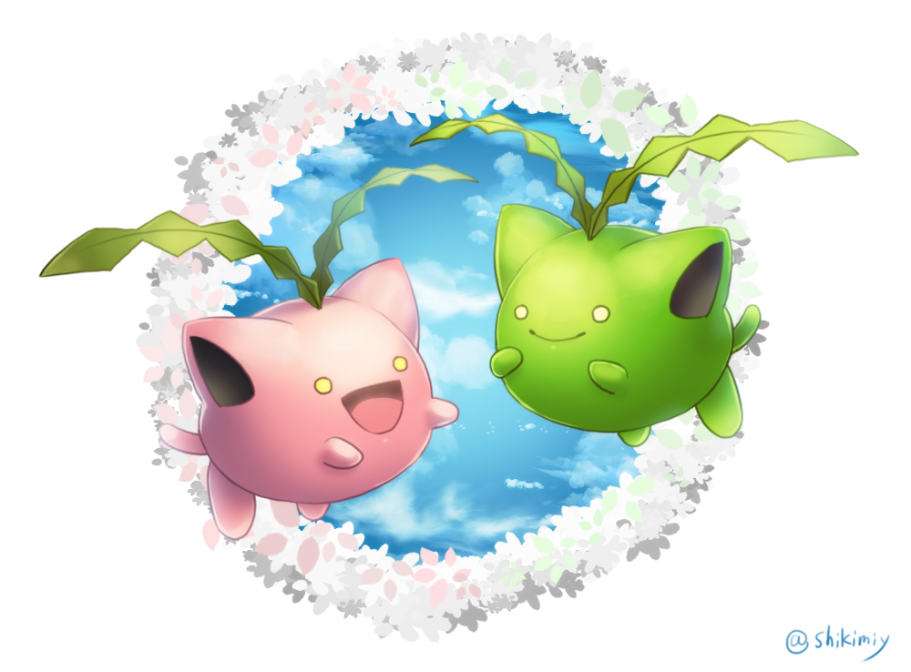 hoppip, nintendo, pokemon, :d, alternate color, artist name, eye contact, gen 2 pokemon, looking at another, no humans, open mouth, pokemon (creature), shikimiy, shiny pokemon, smile, yellow eyes