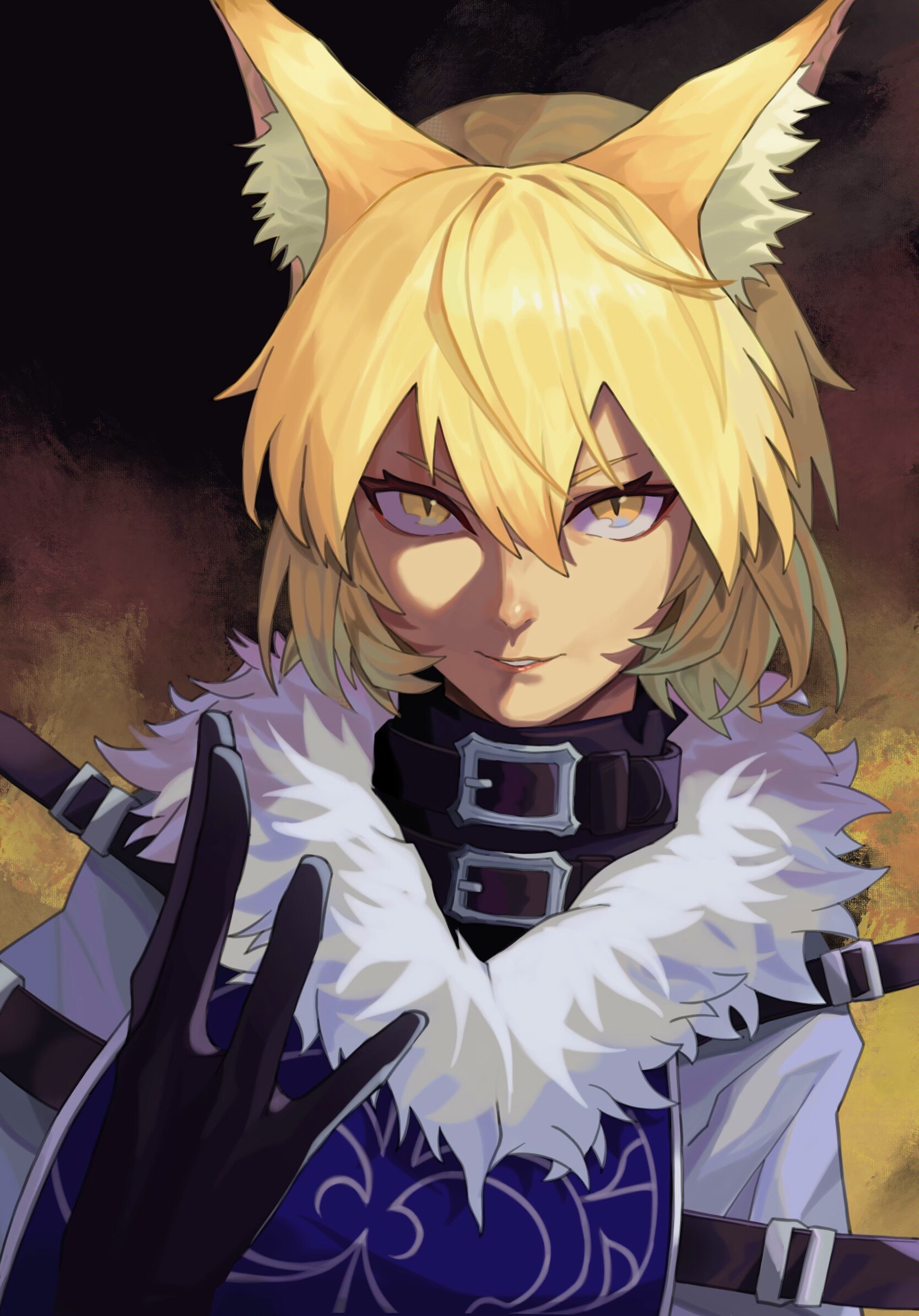 onionmay, yakumo ran, koumajou densetsu, koumajou densetsu 2, touhou, highres, 1girl, alternate costume, animal ears, belt, belt collar, black gloves, blonde hair, blue tabard, collar, dress, fox ears, fox girl, fur trim, gloves, hair between eyes, hand up, looking at viewer, medium hair, parted lips, slit pupils, smile, solo, tabard, teeth, upper body, white dress, yellow eyes