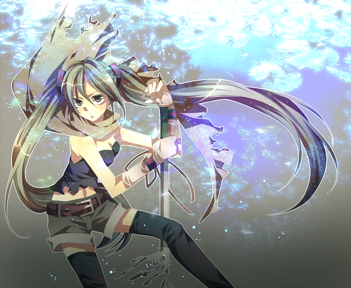 tsukioka tsukiho, hatsune miku, vocaloid, bad id, bad piapro id, green eyes, green hair, long hair, midriff, solo, thighhighs, twintails, very long hair, zettai ryouiki