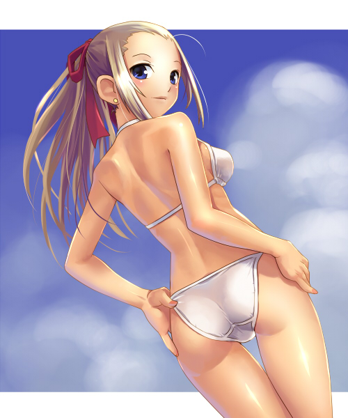 katahira masashi, original, 1girl, ass, back, bikini, blonde hair, blue eyes, cowboy shot, day, earrings, female focus, flat ass, hair ribbon, halterneck, hands on own hips, jewelry, long hair, looking back, ponytail, ribbon, sky, solo, swimsuit, thigh gap, twisted neck, white bikini