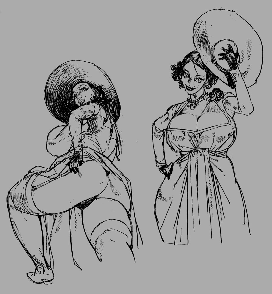 krokedrilo, alcina dimitrescu, resident evil, resident evil village, 1girl, ass, breasts, cleavage, dress, garter straps, gloves, greyscale, hand on own hip, hat, huge breasts, jewelry, monochrome, sketch, strapless, thick thighs, thighhighs, thighs