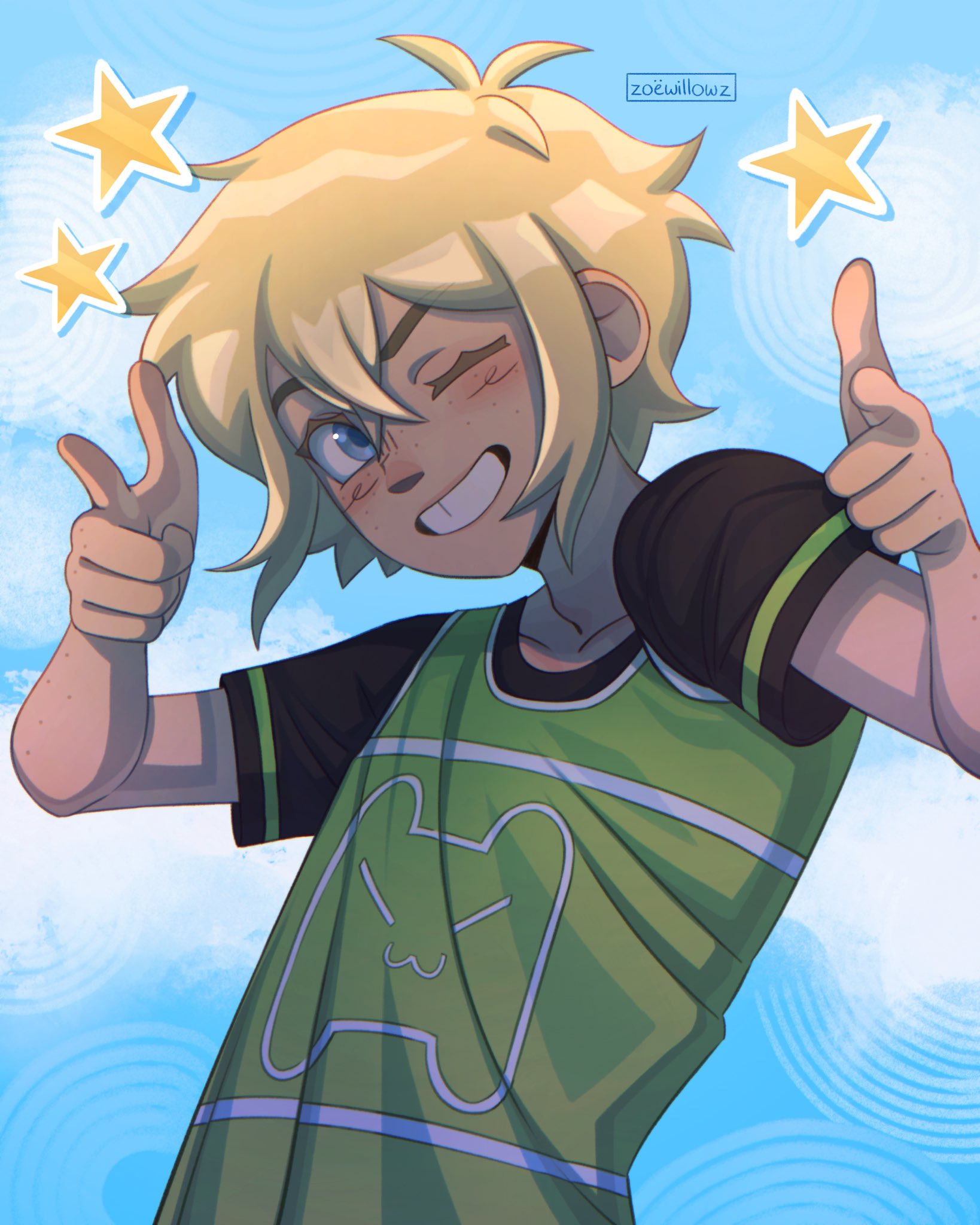 basil (faraway) (omori), basil (omori), omori, highres, 1boy, alternate costume, alternate universe, antenna hair, black shirt, blonde hair, blue eyes, blush, collarbone, double-parted bangs, hair between eyes, looking at viewer, omariposa, one eye closed, open mouth, pointing, pointing at viewer, shirt, short hair, short sleeves, sidelocks, smile, solo, teeth, tooth gap, upper body, zoewillowz