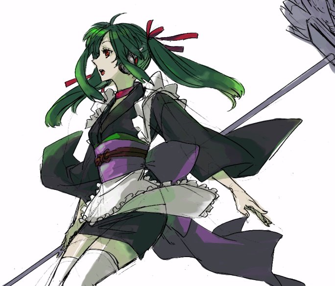 tama (gintama), gintama, non-web source, 00s, apron, green hair, japanese clothes, kimono, red eyes, solo, thighhighs