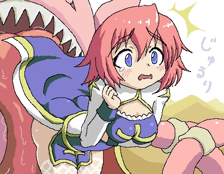 phreeoni, tsuukounin, arch bishop (ragnarok online), hode, ragnarok online, lowres, 1girl, ass, blue eyes, blush, female focus, licking, oekaki, red hair, short hair, solo, surprised, surprised arms, tasting, tears, thighhighs, tongue, vore