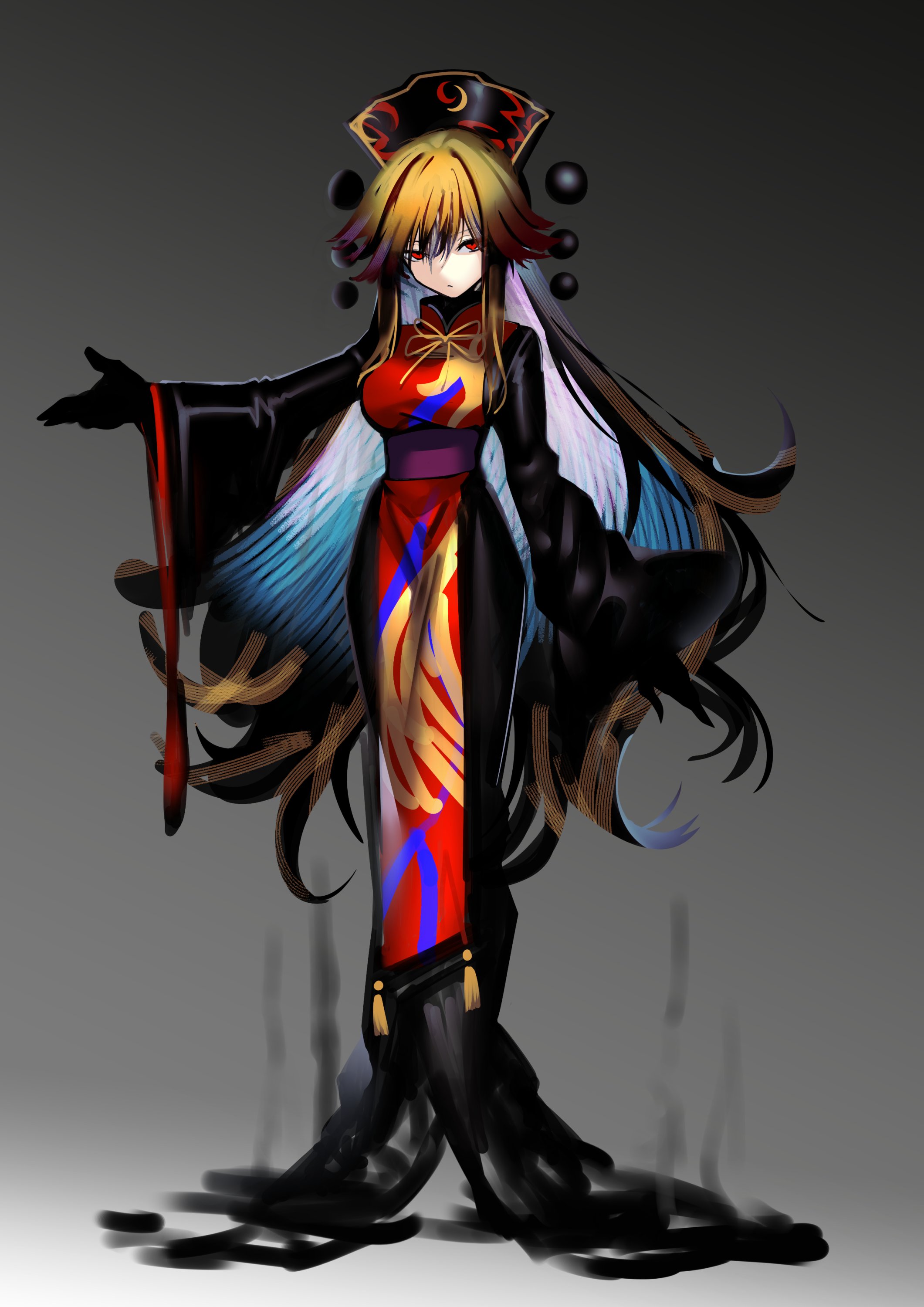 shukusuri, junko (touhou), touhou, absurdres, commentary request, highres, 1girl, black dress, black gloves, blonde hair, chinese clothes, dalachi (headdress), dress, expressionless, full body, gloves, gradient background, grey background, hair between eyes, hand up, long hair, looking at viewer, red eyes, red tabard, solo, tabard, very long hair