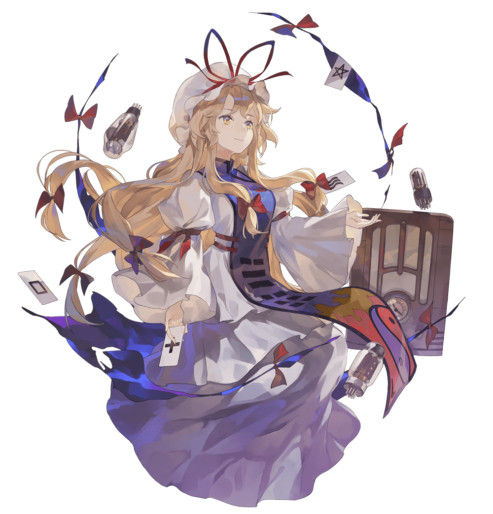shihou (g-o-s), yakumo yukari, touhou, 1girl, blonde hair, bow, breasts, card, dress, gap (touhou), hair bow, hat, hat ribbon, holding, holding card, long dress, long hair, long sleeves, looking up, mob cap, purple tabard, radio, red bow, red ribbon, ribbon, sidelocks, smile, solo, tabard, transparent background, trigram, vacuum tube, white dress, white hat, yellow eyes, yin yang, yin yang print, zener card