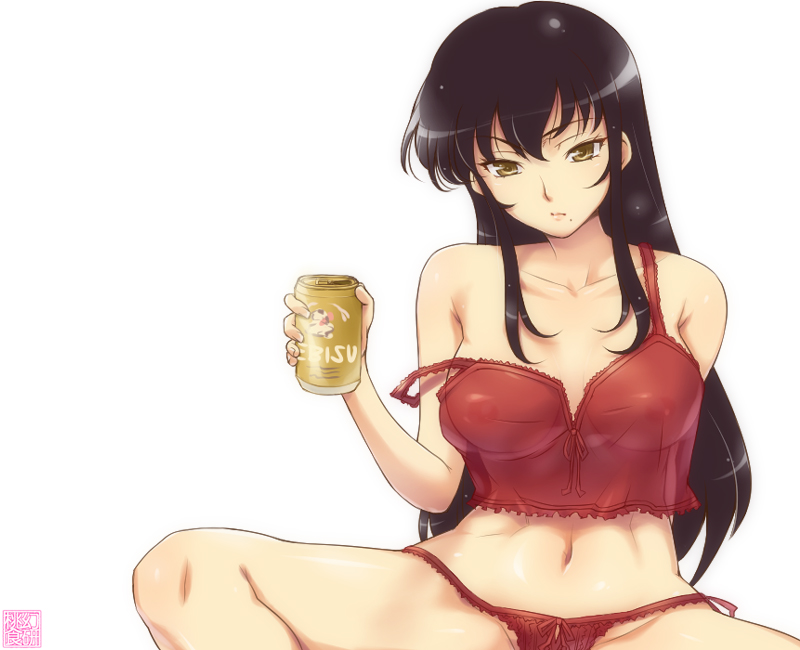 hairu, osakabe itoko, school rumble, 00s, 1girl, alcohol, beer, beer can, black hair, camisole, can, drink can, female focus, lingerie, long hair, looking at viewer, mole, panties, see-through clothes, simple background, solo, strap slip, teacher, underwear, white background