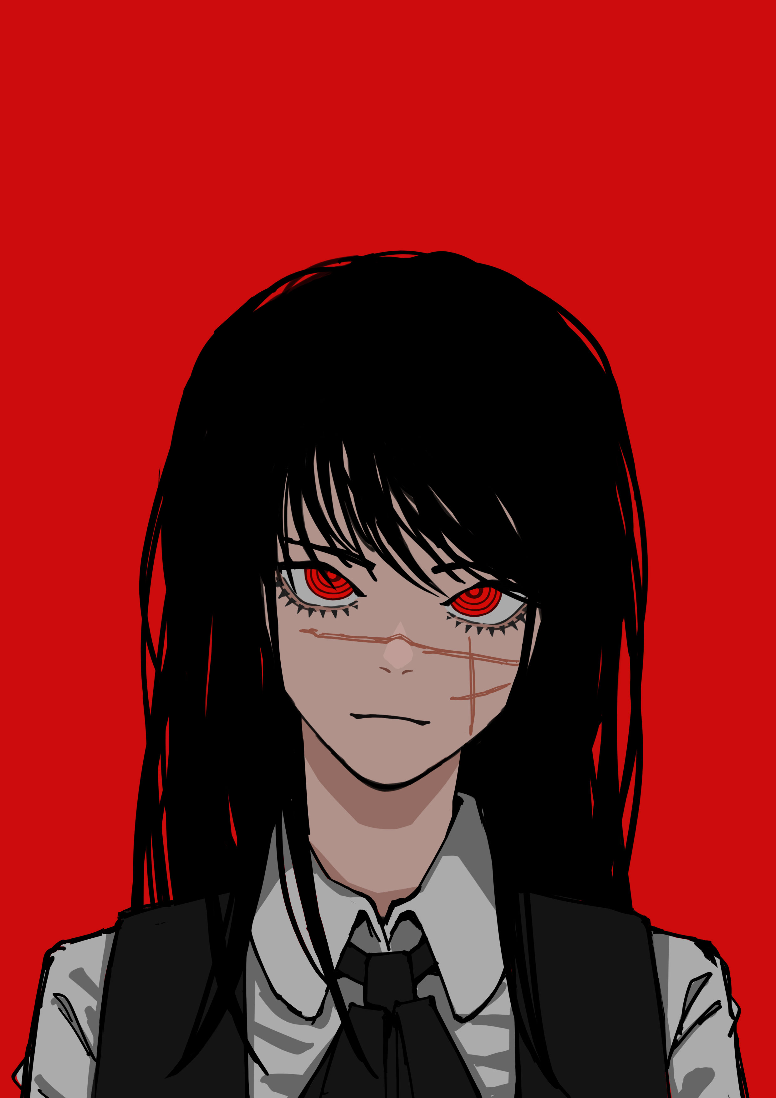 zzoo (zoo), yoru (chainsaw man), chainsaw man, absurdres, commentary, english commentary, highres, 1girl, black dress, black hair, dress, dress shirt, long hair, looking at viewer, orange eyes, pinafore dress, portrait, red background, ringed eyes, scar, scar on face, school uniform, shirt, simple background, sleeveless, sleeveless dress, solo, straight hair, white shirt