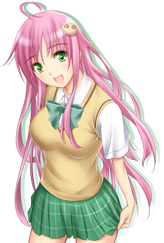 ribucci, lala satalin deviluke, peke (to love-ru), to love-ru, 00s, 1girl, ahoge, female focus, green eyes, pink hair, plaid clothes, plaid skirt, school uniform, skirt, solo