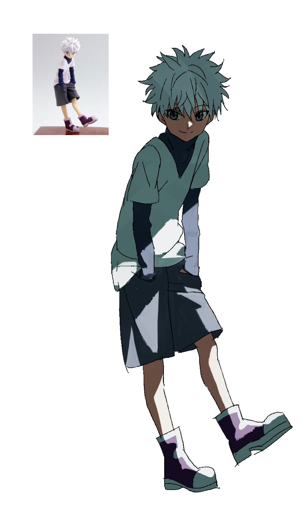 killua zoldyck, hunter x hunter, highres, 1boy, boots, full body, grey shorts, hair between eyes, hands in pockets, looking at viewer, qwertpoiuy001, short hair, shorts, simple background, smile, spiked hair, sweater, turtleneck, turtleneck sweater, white background, white hair