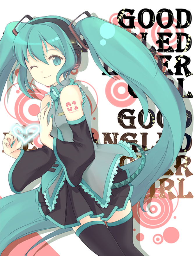 moai (aoh), hatsune miku, vocaloid, bad id, bad pixiv id, aqua eyes, aqua hair, aqua necktie, black thighhighs, blouse, collared shirt, cowboy shot, grey shirt, heart, necktie, one eye closed, shirt, shoulder tattoo, sleeveless, sleeveless shirt, solo, tattoo, thighhighs, twintails, wink, zettai ryouiki