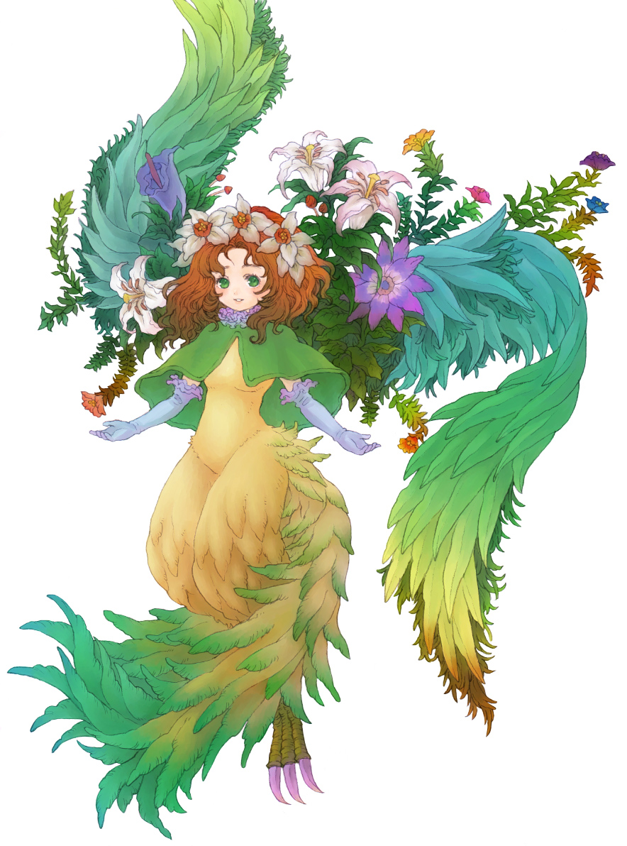 fuku imo, elle (lom), legend of mana, seiken densetsu, bad id, bad pixiv id, 1girl, bird, brown hair, capelet, clematis (flower), elbow gloves, feathered wings, flower, gloves, green eyes, hair flower, hair ornament, harpy, lily (flower), monster girl, wings