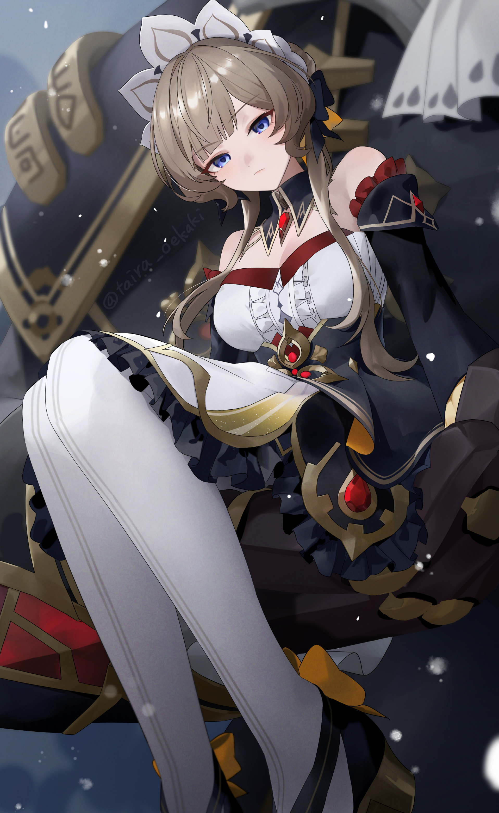 taira (taira oekaki), sandrone (genshin impact), genshin impact, absurdres, commentary request, highres, 1girl, bare shoulders, black shoes, breasts, brown hair, center frills, cleavage, closed mouth, detached sleeves, dress, expressionless, frills, long sleeves, looking at viewer, looking down, pantyhose, shoes, sitting, solo, white dress, white pantyhose