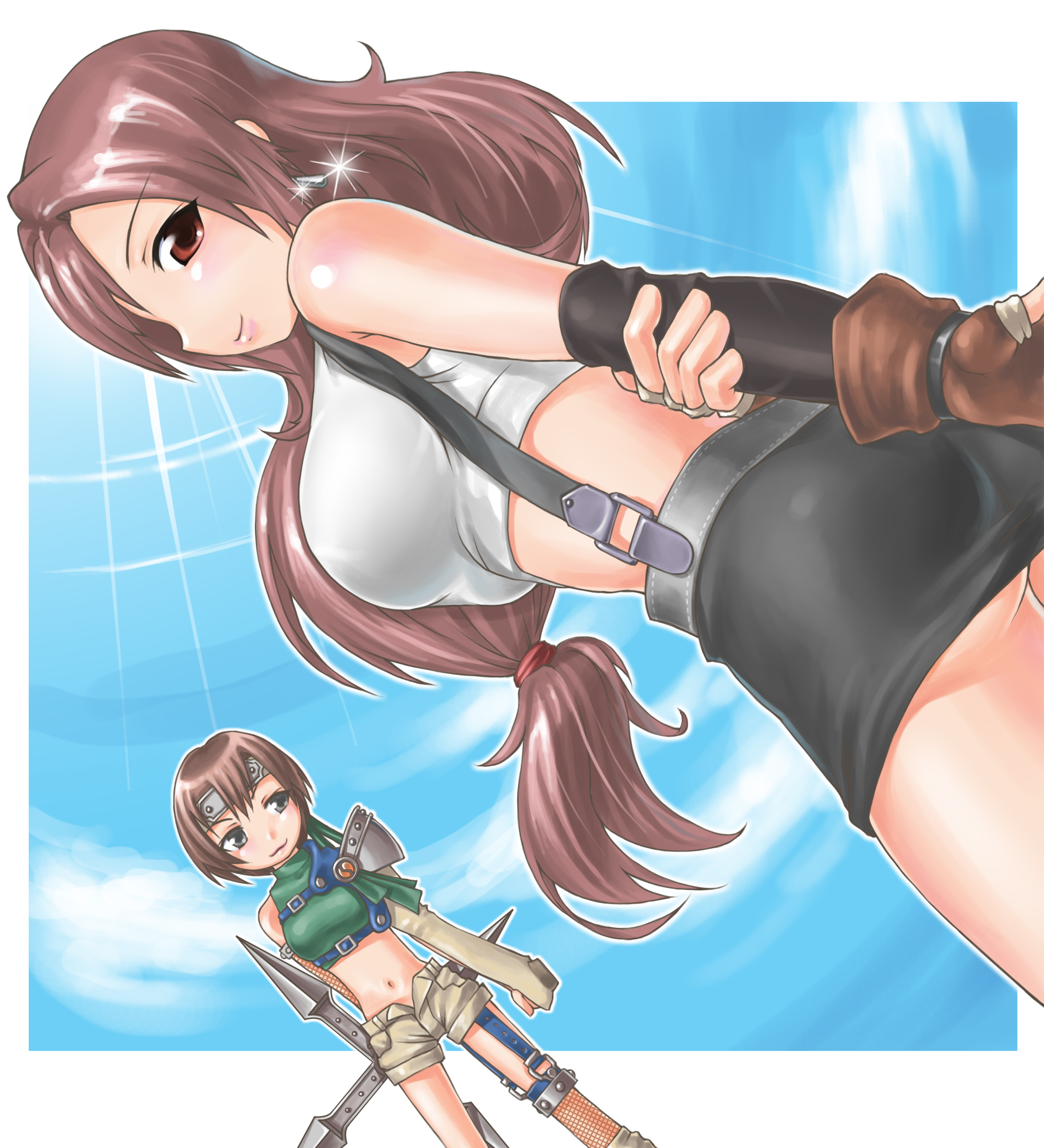 takeoutservice, ninja (final fantasy), tifa lockhart, yuffie kisaragi, final fantasy, final fantasy vii, highres, 1990s (style), 2girls, :3, ass, bare shoulders, breasts, lips, long hair, low-tied long hair, multiple girls, ninja, pencil skirt, retro artstyle, shuriken, skirt, sleeveless, sleeveless turtleneck, sparkle, turtleneck, weapon