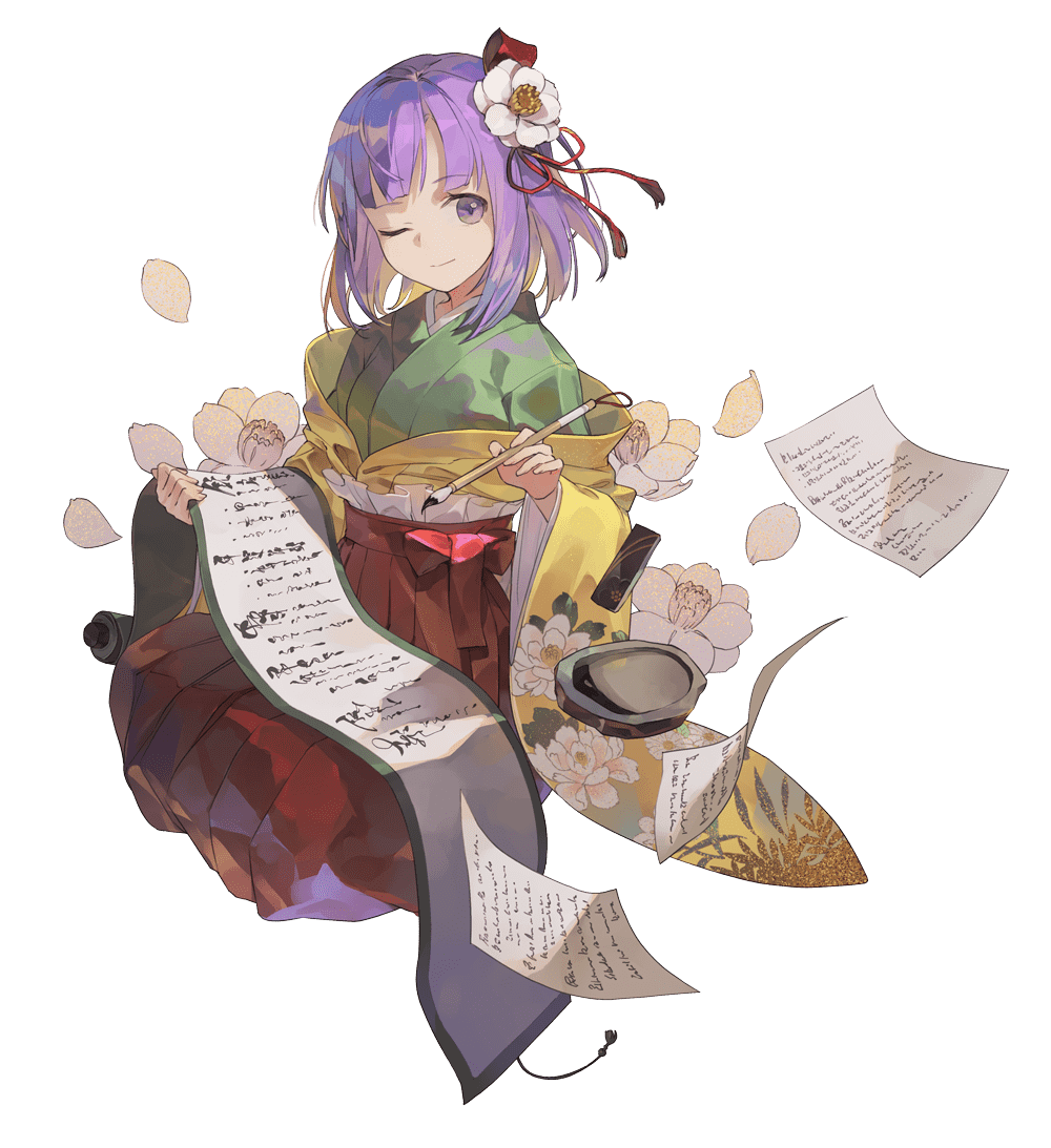 shihou (g-o-s), hieda no akyuu, touhou, 1girl, calligraphy brush, floral print, floral print kimono, flower, flying paper, full body, green kimono, hair flower, hair ornament, hakama, hakama skirt, holding, holding calligraphy brush, holding paintbrush, holding scroll, inkstone, inkwell, japanese clothes, kimono, light smile, looking to the side, medium hair, one eye closed, paintbrush, paper, print kimono, purple eyes, purple hair, red hakama, red ribbon, ribbon, scroll, sitting, skirt, solo, tassel, tassel hair ornament, transparent background, white flower, writing, yellow kimono
