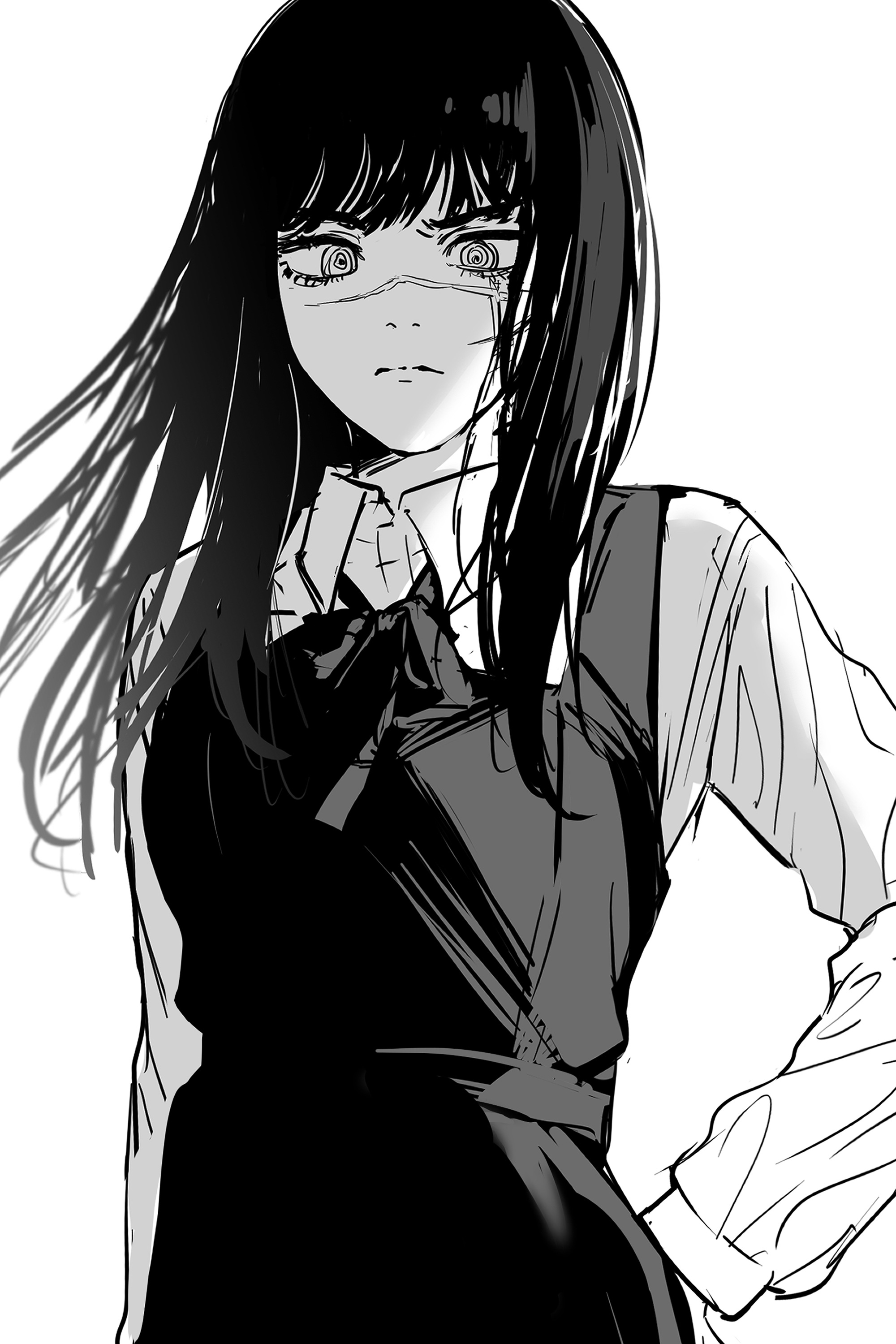 mizuno ayane, yoru (chainsaw man), chainsaw man, absurdres, commentary request, highres, 1girl, cross scar, dress, dress shirt, greyscale, long hair, long sleeves, looking at viewer, monochrome, neck ribbon, pinafore dress, ribbon, ringed eyes, scar, scar across eye, scar on face, school uniform, shirt, simple background, sleeveless, sleeveless dress, solo, straight hair, white background