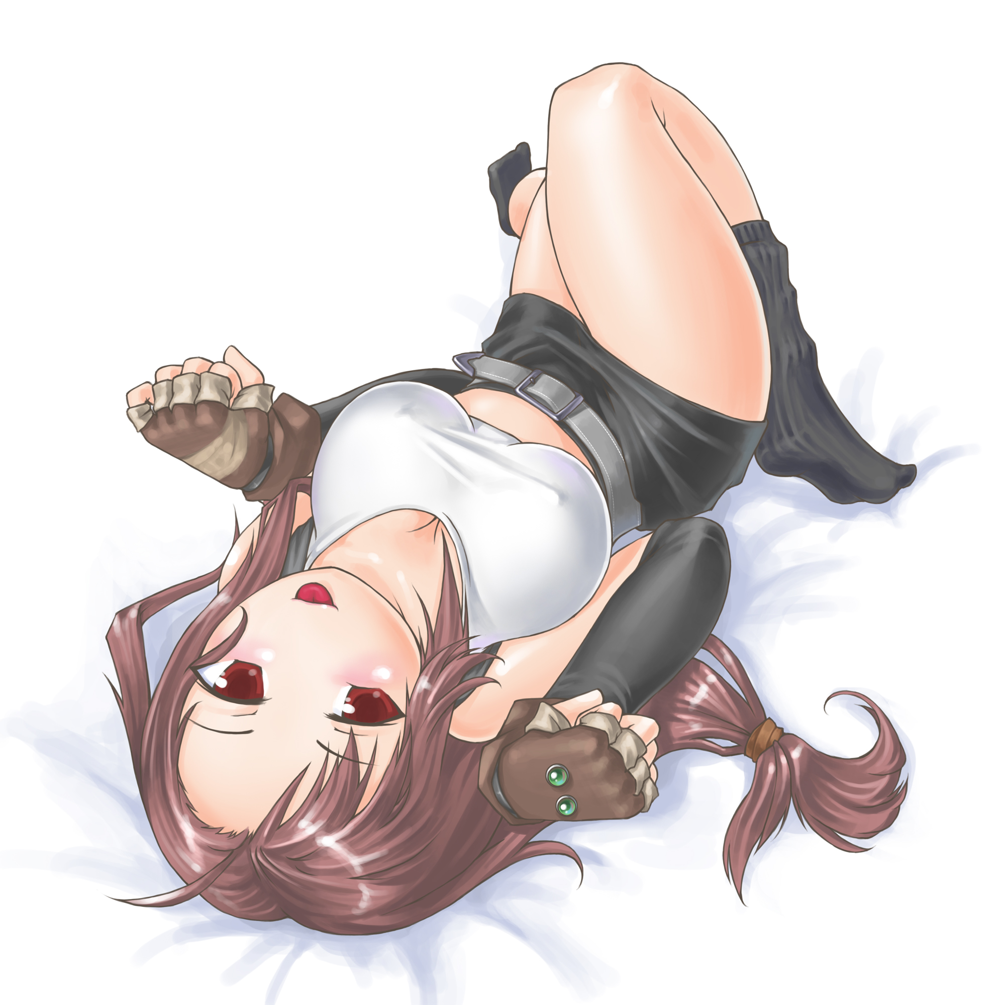 takeoutservice, tifa lockhart, final fantasy, final fantasy vii, highres, 1990s (style), 1girl, :p, breasts, brown hair, covered erect nipples, female focus, long hair, low-tied long hair, lying, miniskirt, on back, pencil skirt, red eyes, retro artstyle, shirt, skirt, socks, solo, taut clothes, taut shirt, tongue, tongue out