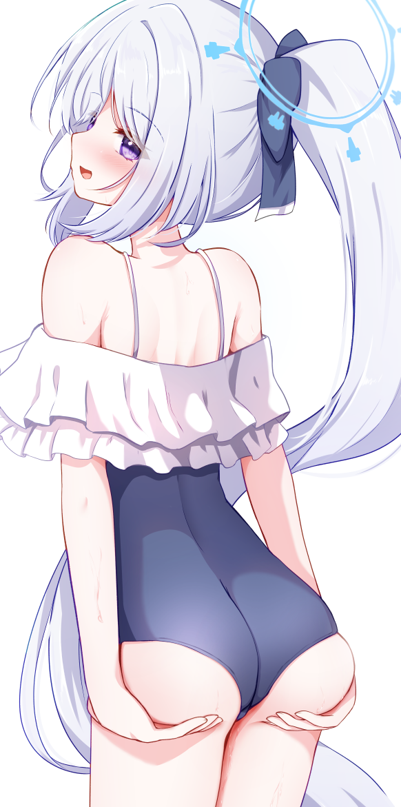 baram, miyako (blue archive), miyako (swimsuit) (blue archive), blue archive, 1girl, bare shoulders, blue halo, blue one-piece swimsuit, blush, casual one-piece swimsuit, frilled one-piece swimsuit, frills, from behind, grabbing own ass, halo, long hair, looking at viewer, off-shoulder one-piece swimsuit, off shoulder, official alternate costume, one-piece swimsuit, open mouth, ponytail, purple eyes, simple background, smile, solo, swimsuit, underbutt, white background, white hair