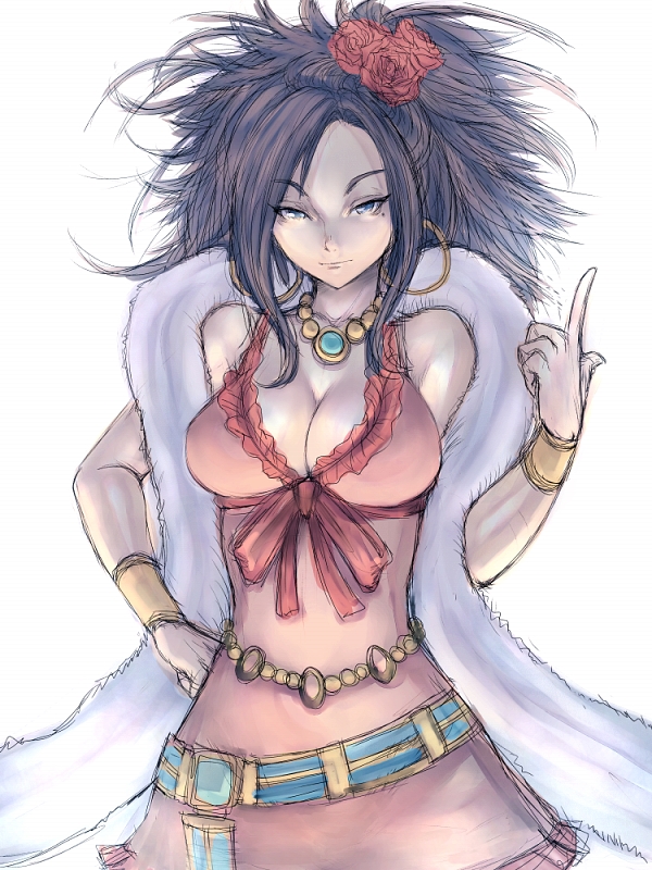 fumio (rsqkr), deborah (dq5), dragon quest, dragon quest v, 1girl, black hair, breasts, cleavage, dress, female focus, flower, large breasts, mature female, pointing, rose, solo, white background