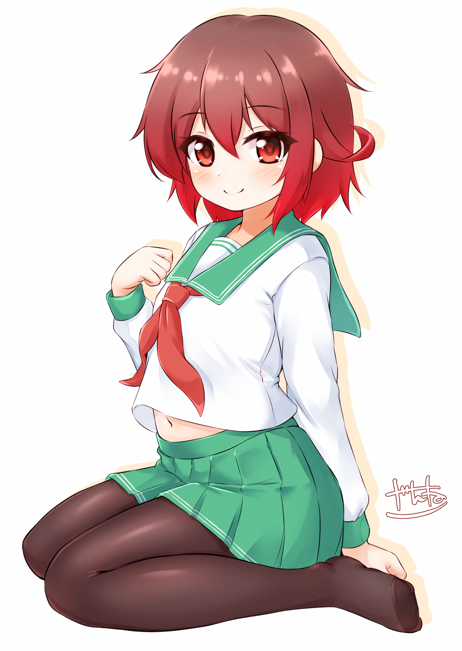 zanne, mutsuki (kancolle), mutsuki kai ni (kancolle), kantai collection, highres, 1girl, adapted costume, artist logo, artist name, black pantyhose, brown eyes, brown hair, full body, gradient hair, green sailor collar, green skirt, hair between eyes, logo, looking at viewer, midriff peek, miniskirt, multicolored hair, navel, neckerchief, pantyhose, pleated skirt, red eyes, red hair, red neckerchief, sailor collar, sailor shirt, school uniform, seiza, serafuku, shirt, short hair, simple background, sitting, skirt, smile, solo, wariza, white background, white shirt