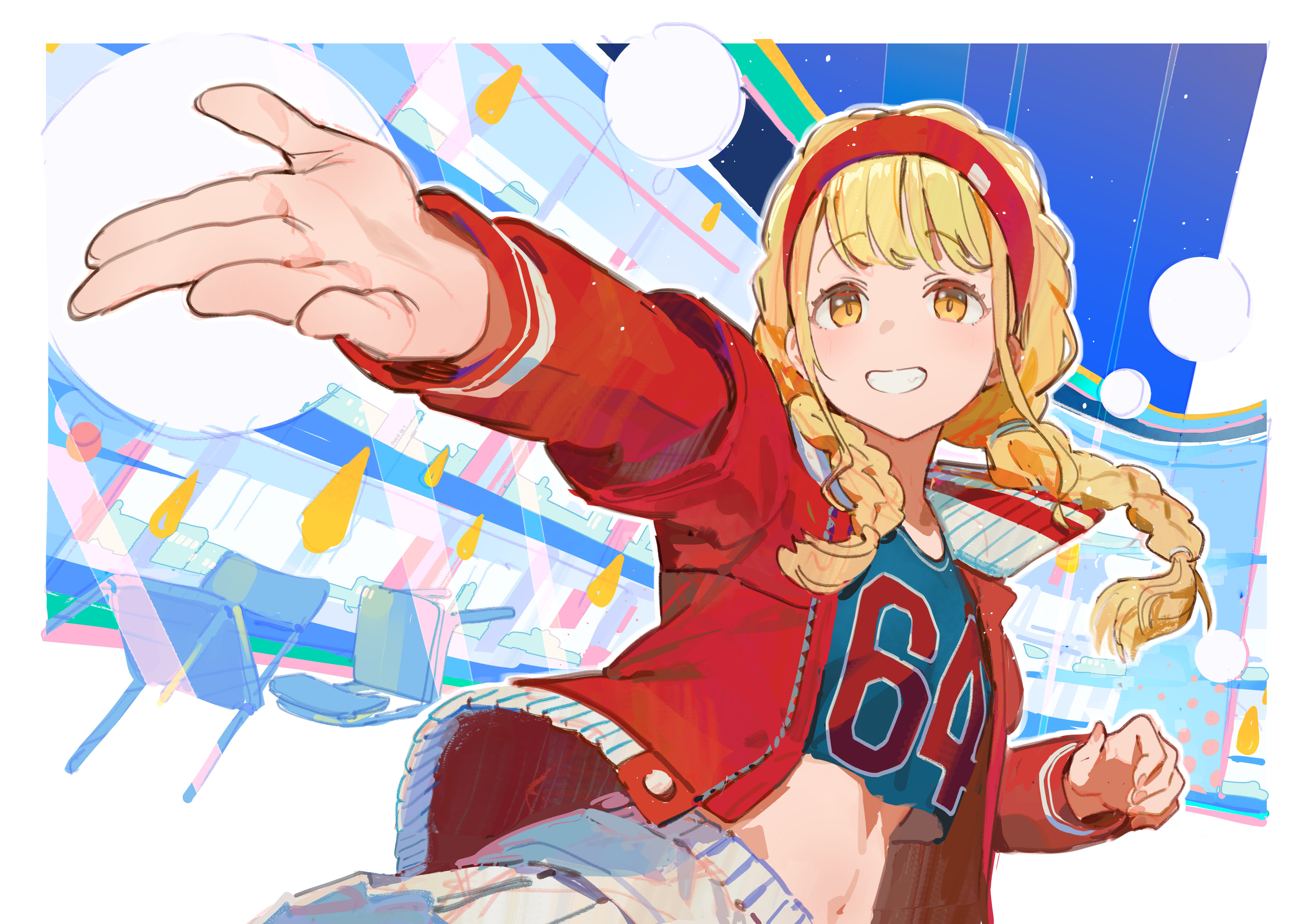 ddal, fujita kotone, gakuen idolmaster, idolmaster, absurdres, commentary request, highres, 1girl, blonde hair, border, braid, chair, crop top, grin, hairband, jacket, long hair, midriff, navel, number print, open clothes, open jacket, orange eyes, outstretched arm, outstretched hand, red hairband, red jacket, school chair, skirt, smile, solo, twin braids, white border, white skirt
