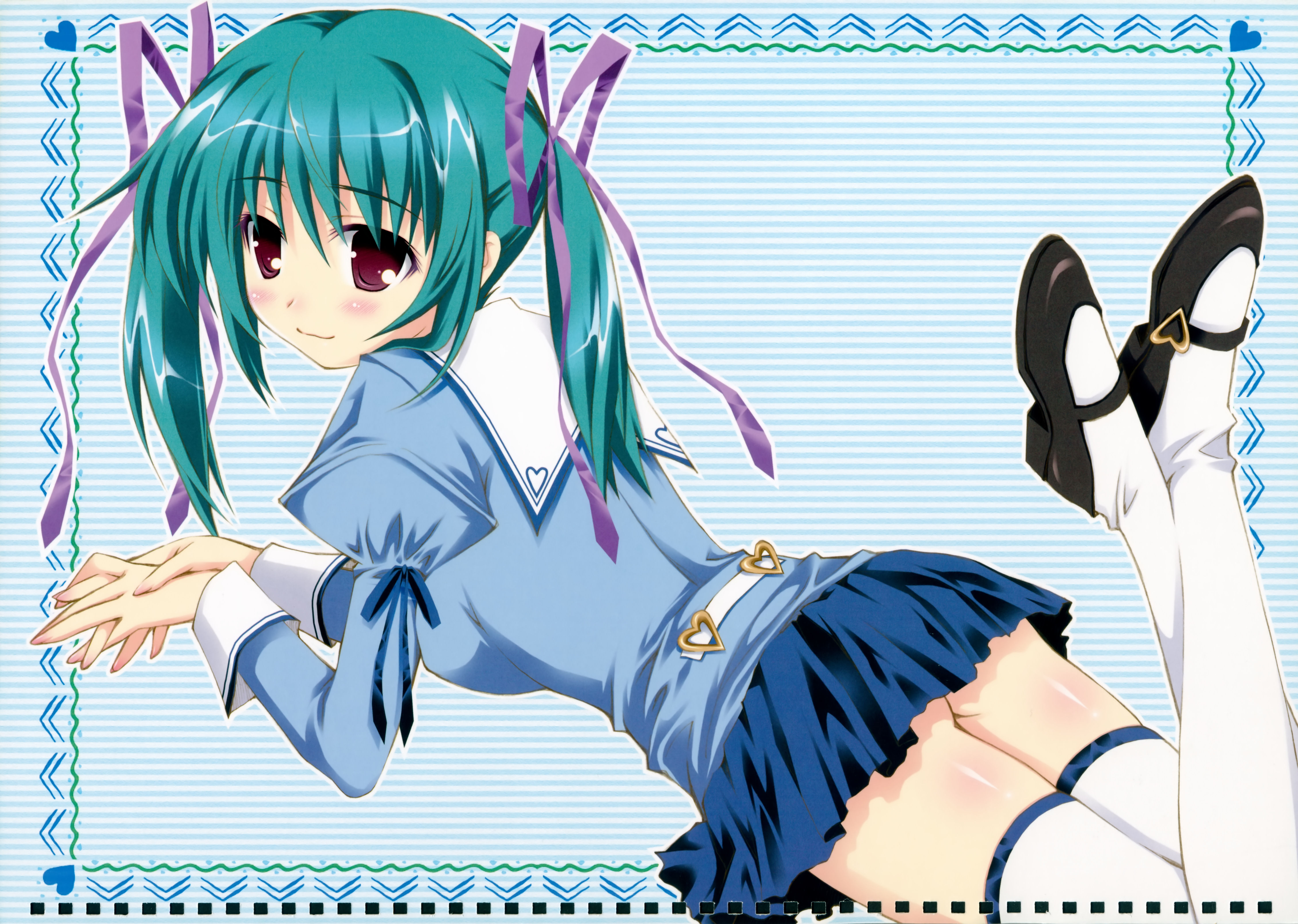 sasahiro, sunshine creation, sunshine creation 10th anniversary 2009 calendar, absurdres, highres, 1girl, female focus, green hair, hair ribbon, red eyes, ribbon, school uniform, shoes, solo, thighhighs, twintails