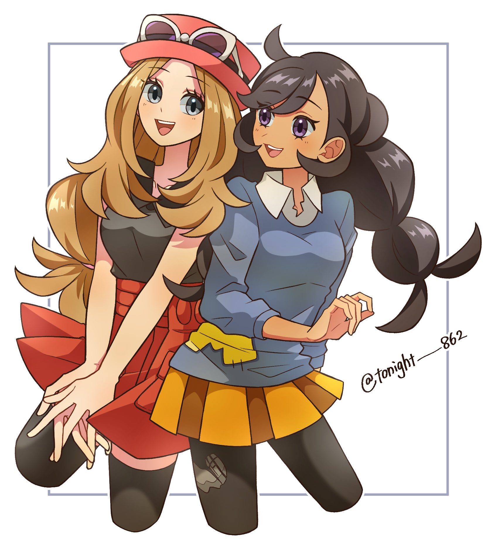 rain (tonight 862), emma (pokemon), serena (pokemon), nintendo, pokemon, pokemon xy, highres, 2girls, black hair, black thighhighs, blonde hair, blue sweater, blush, breasts, collarbone, dark-skinned female, dark skin, eyewear on headwear, grey eyes, hat, long hair, multiple girls, open mouth, orange skirt, pantyhose, patch, pink hat, purple eyes, red hat, red skirt, shirt, skirt, sleeveless, sleeveless shirt, smile, sunglasses, sweater, teeth, thighhighs, upper teeth only, white-framed eyewear, zettai ryouiki