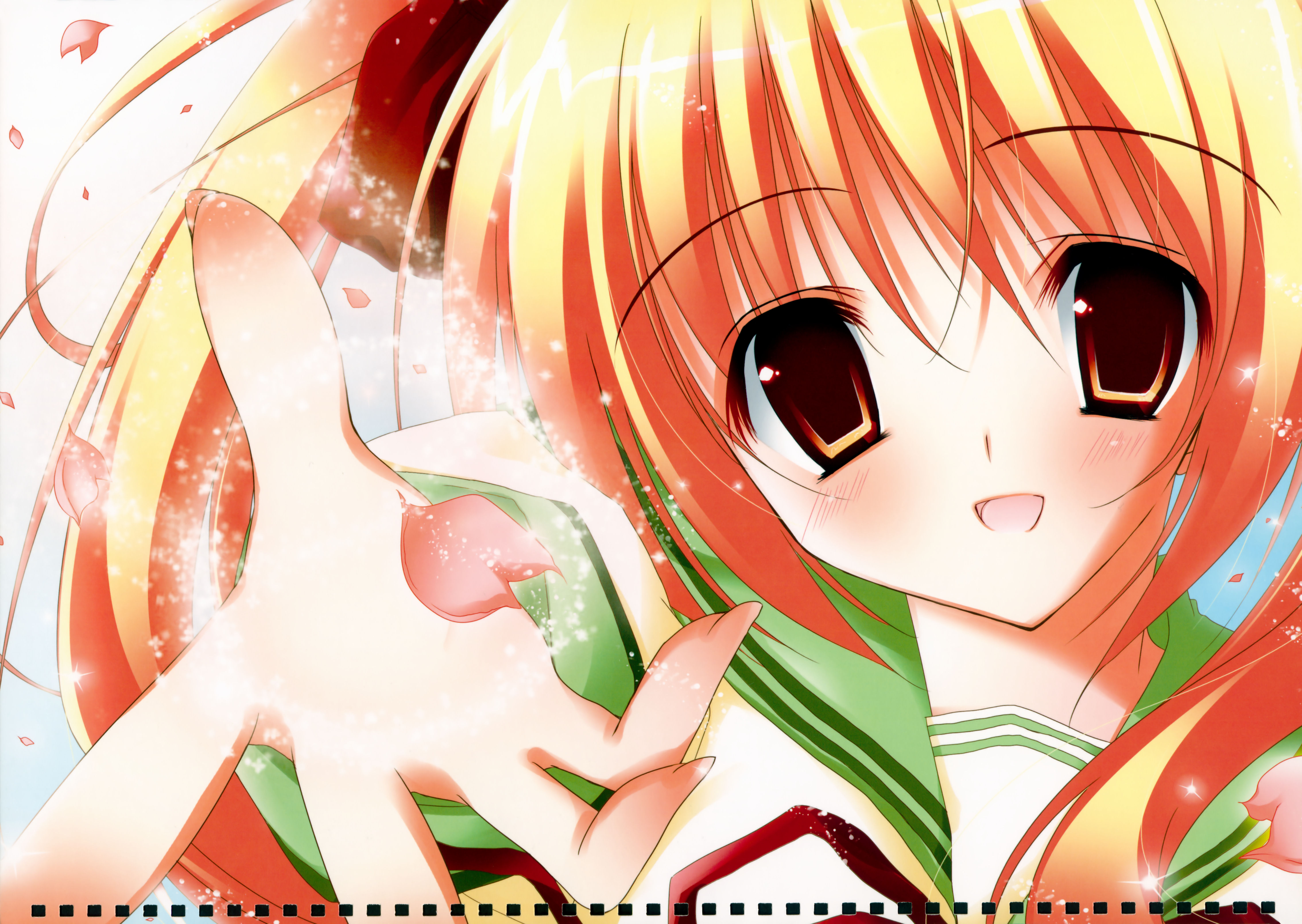 natsuki coco, sunshine creation, sunshine creation 10th anniversary 2009 calendar, absurdres, highres, 1girl, blonde hair, female focus, orange eyes, petals, school uniform, solo