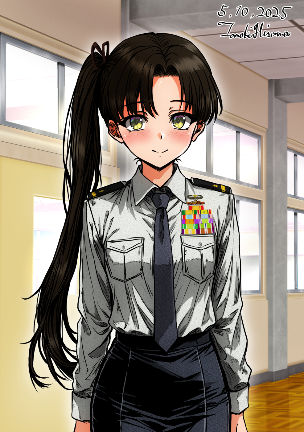 hisama tomoki, ayanami (kancolle), japan maritime self-defense force, japan self-defense force, kantai collection, highres, 1girl, alternate costume, arms at sides, artist name, black hair, black necktie, black skirt, collared shirt, dated, hallway, long sleeves, looking at viewer, military, military dress uniform, military rank insignia, military uniform, naval dress uniform, naval uniform, necktie, one-hour drawing challenge, pencil skirt, ribbon bar, shirt, shoulder boards, side ponytail, skirt, smile, solo, standing, white shirt, yellow eyes