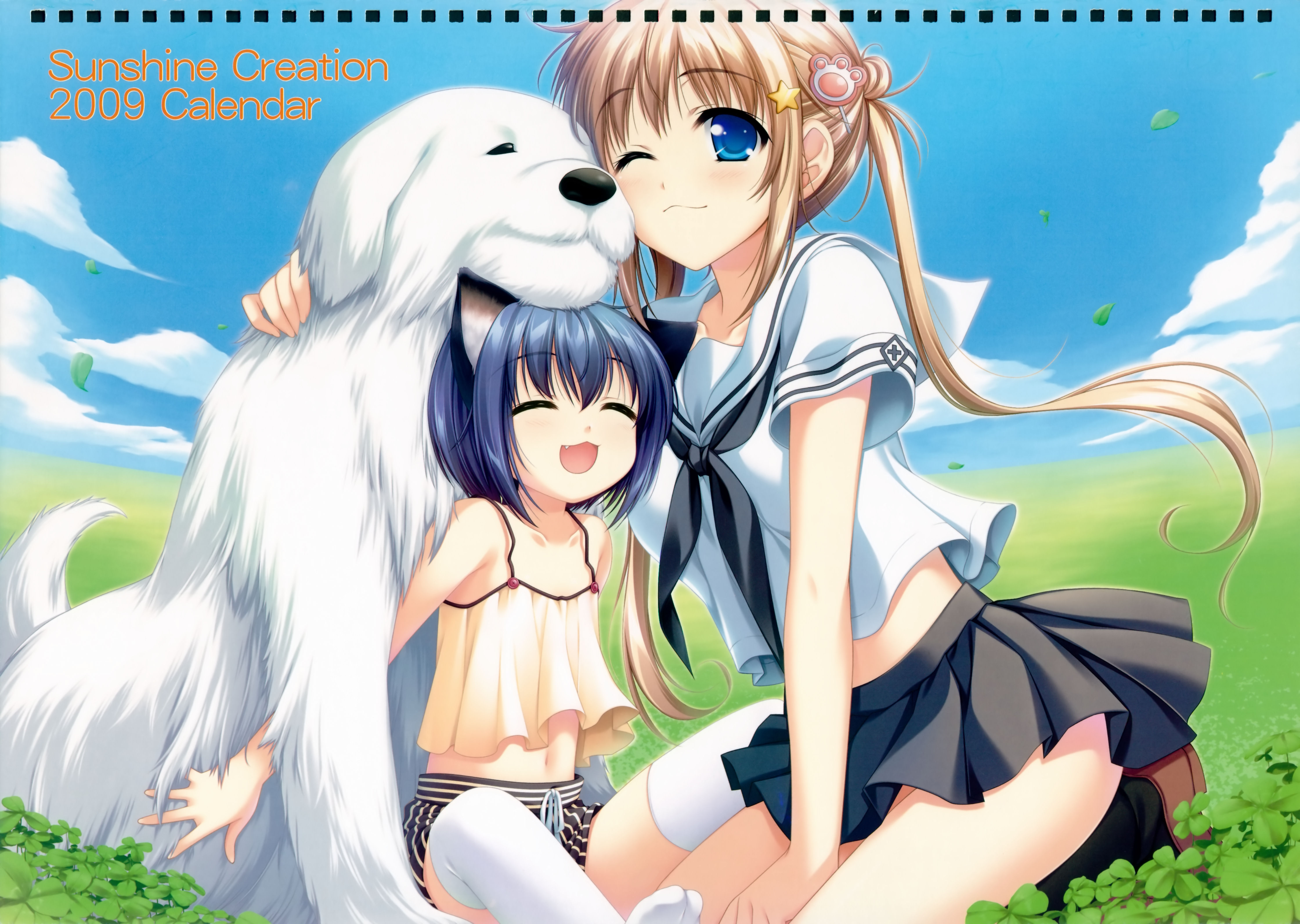 alpha (yukai na nakamatachi), absurdres, highres, 2girls, blonde hair, blue eyes, blue hair, closed eyes, dog, grass, multiple girls, one eye closed, school uniform, serafuku, thighhighs, twintails, wink