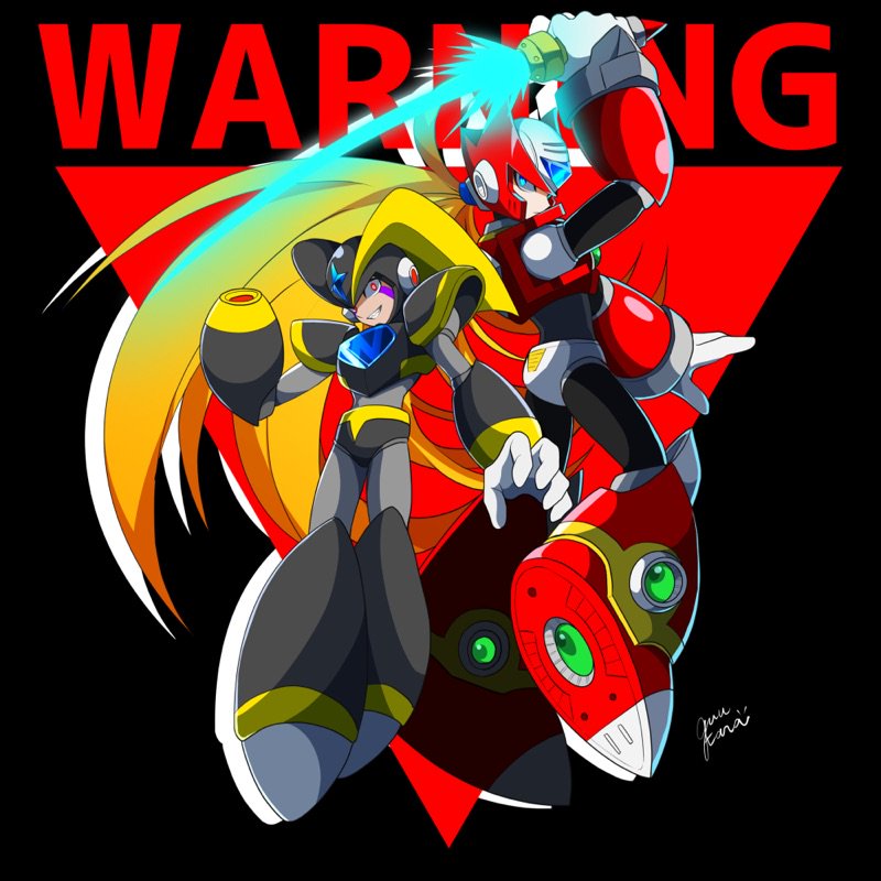 guutara, bass (mega man), zero (mega man), mega man (classic), mega man (series), mega man x (series), 2boys, android, arm cannon, armor, black armor, black background, black helmet, blonde hair, blue eyes, chest jewel, energy sword, evil grin, evil smile, facial mark, forehead jewel, full body, gloves, grin, helmet, holding, holding sword, holding weapon, jewelry, long hair, multiple boys, ponytail, red armor, red background, red eyes, red helmet, robot, robot ears, shoulder armor, signature, simple background, smile, sword, two-tone background, two side up, very long hair, weapon, white gloves, z saber