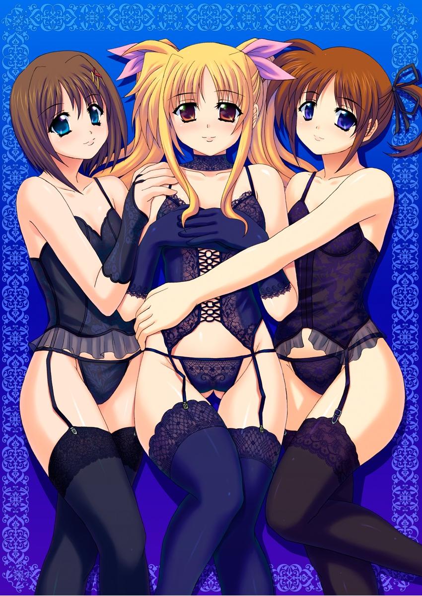 fate testarossa, takamachi nanoha, yagami hayate, lyrical nanoha, mahou shoujo lyrical nanoha, mahou shoujo lyrical nanoha strikers, highres, jpeg artifacts, non-web source, 00s, black panties, blonde hair, blue eyes, brown hair, corset, lingerie, long hair, lying, panties, ponytail, red eyes, short hair, thighhighs, twintails, underwear, underwear only