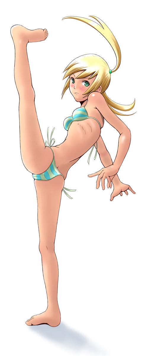 shuuji (shumi), original, bad id, bad pixiv id, highres, 1girl, aqua bikini, barefoot, bikini, blonde hair, female focus, green eyes, high kick, kicking, long hair, long legs, ponytail, side-tie bikini bottom, simple background, solo, split, standing, standing on one leg, standing split, swimsuit