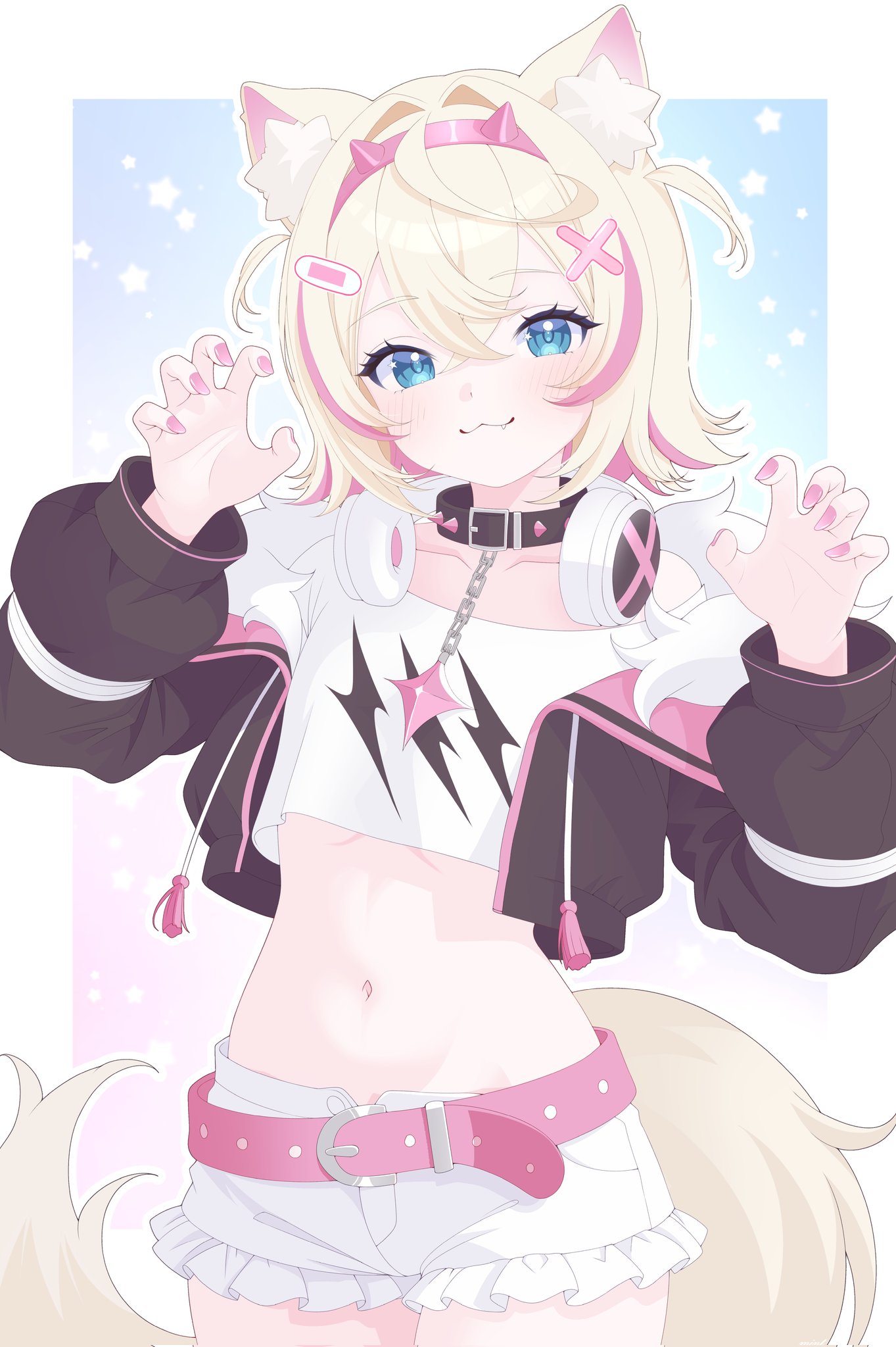 mococo abyssgard, hololive, commentary, highres, symbol-only commentary, 1girl, :3, animal ear fluff, animal ears, bandaid, bandaid hair ornament, belt, belt buckle, black collar, black jacket, blonde hair, blue eyes, blush, border, buckle, claw pose, closed mouth, collar, collarbone, cowboy shot, crop top, cropped jacket, cropped shirt, crossed bangs, double-parted bangs, fingernails, frilled shorts, frills, hair between eyes, hair ornament, hairband, hands up, headphones, headphones around neck, jacket, long sleeves, mintikmeow, multicolored hair, nail polish, navel, off-shoulder shirt, off shoulder, open clothes, open jacket, outline, outside border, pink belt, pink hairband, pink nails, pink streaks, print shirt, shirt, short hair, short shorts, shorts, solo, standing, star (symbol), star symbol background, stomach, streaked hair, virtual youtuber, white border, white outline, white shirt, white shorts, x hair ornament