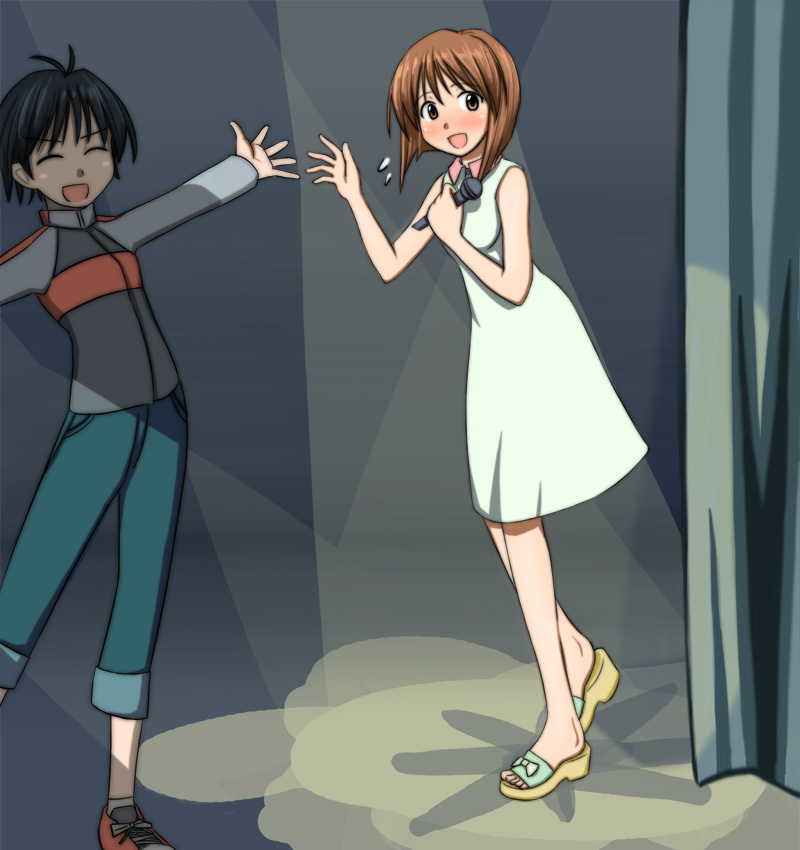 baakurou, hagiwara yukiho, kikuchi makoto, idolmaster, idolmaster (classic), idolmaster 1, bad id, bad pixiv id, 00s, 2girls, antenna hair, black hair, blush, brown hair, closed eyes, dress, hand wave, jacket, microphone, multiple girls, raglan sleeves, sandals, short hair, smile, spotlight, stage, waving, yukimako