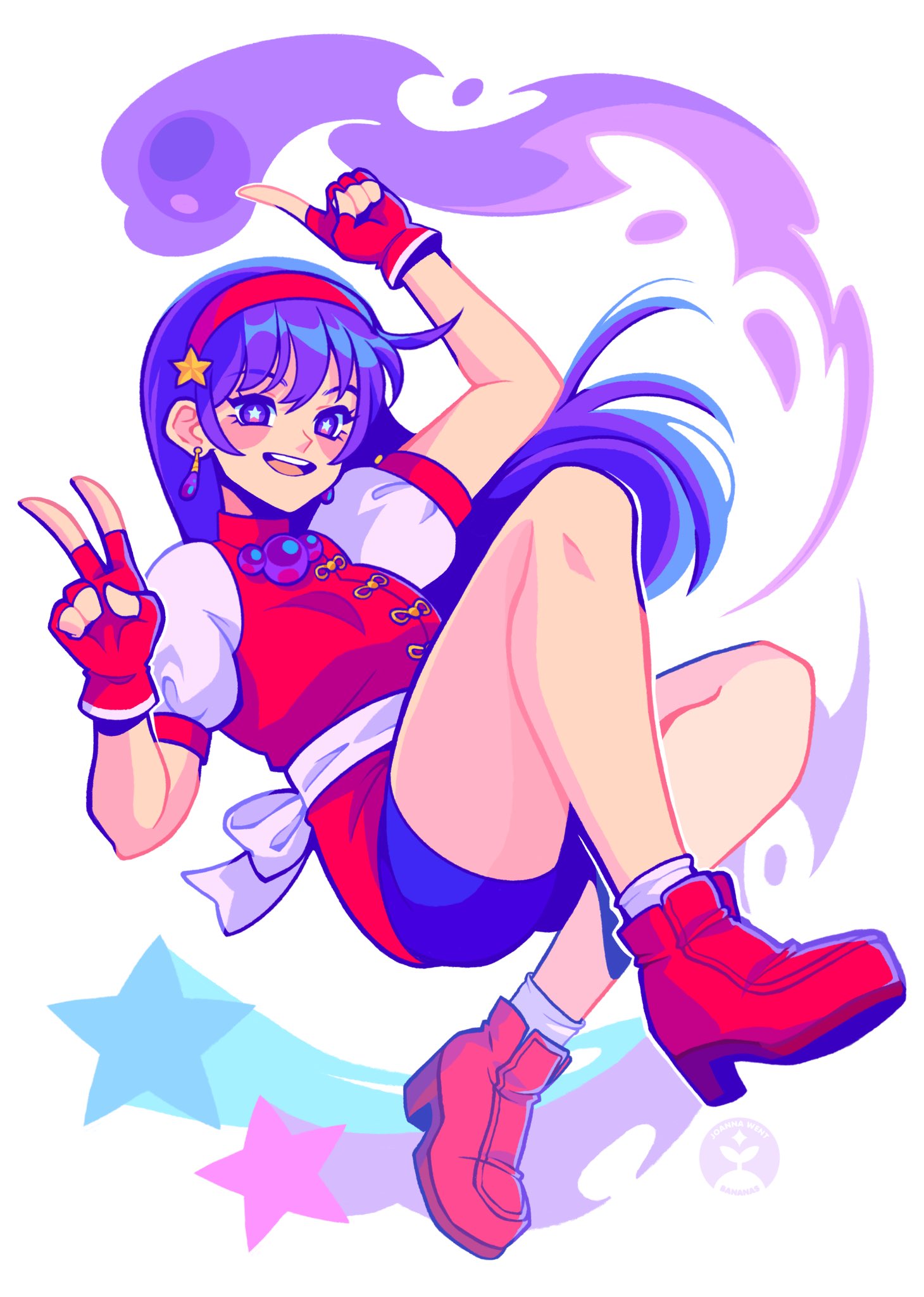 jojowentbananas, asamiya athena, the king of fighters, 1girl, badly tagged upload, bike shorts, breasts, clothes lift, dress, earrings, female focus, gloves, hairband, hand up, jewelry, leg up, long hair, looking at viewer, magic, magical girl, medium breasts, pale skin, pants, purple eyes, purple hair, shoes, skirt, skirt lift, smile, smiley face, socks, star (symbol), thighs, tight clothes, tight pants, upskirt, v