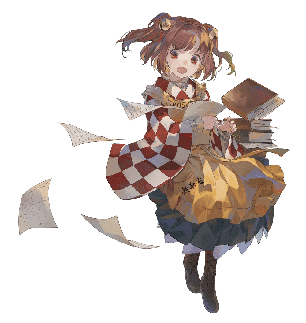 shihou (g-o-s), motoori kosuzu, touhou, 1girl, apron, bell, book, book stack, boots, brown boots, character name, checkered clothes, checkered kimono, flying paper, frilled skirt, frilled straps, frills, full body, green skirt, hair bell, hair ornament, holding, holding paper, japanese clothes, kimono, long sleeves, open mouth, orange hair, paper, pleated skirt, red eyes, red kimono, short hair, skirt, solo, transparent background, twintails, yellow apron