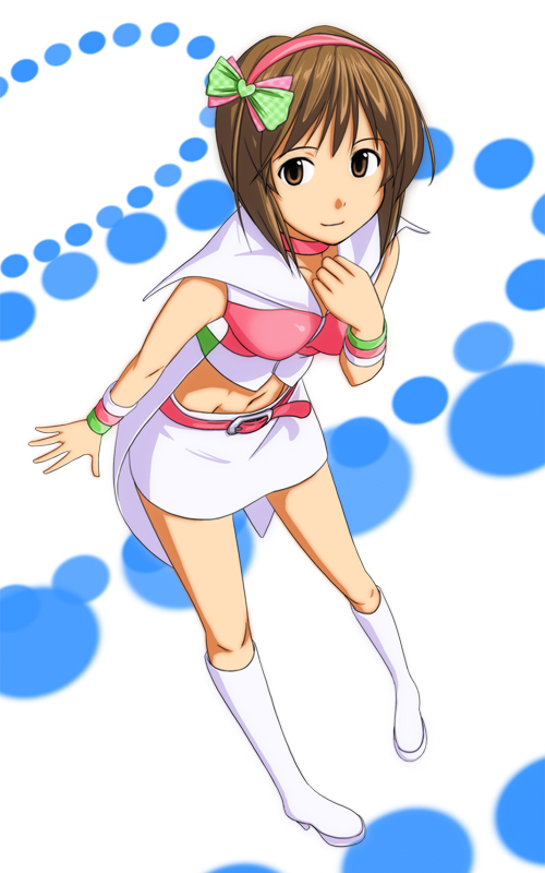 baakurou, hagiwara yukiho, idolmaster, idolmaster (classic), idolmaster 1, bad id, bad pixiv id, 00s, 1girl, bob cut, boots, brown hair, cape, female focus, idol, midriff, solo