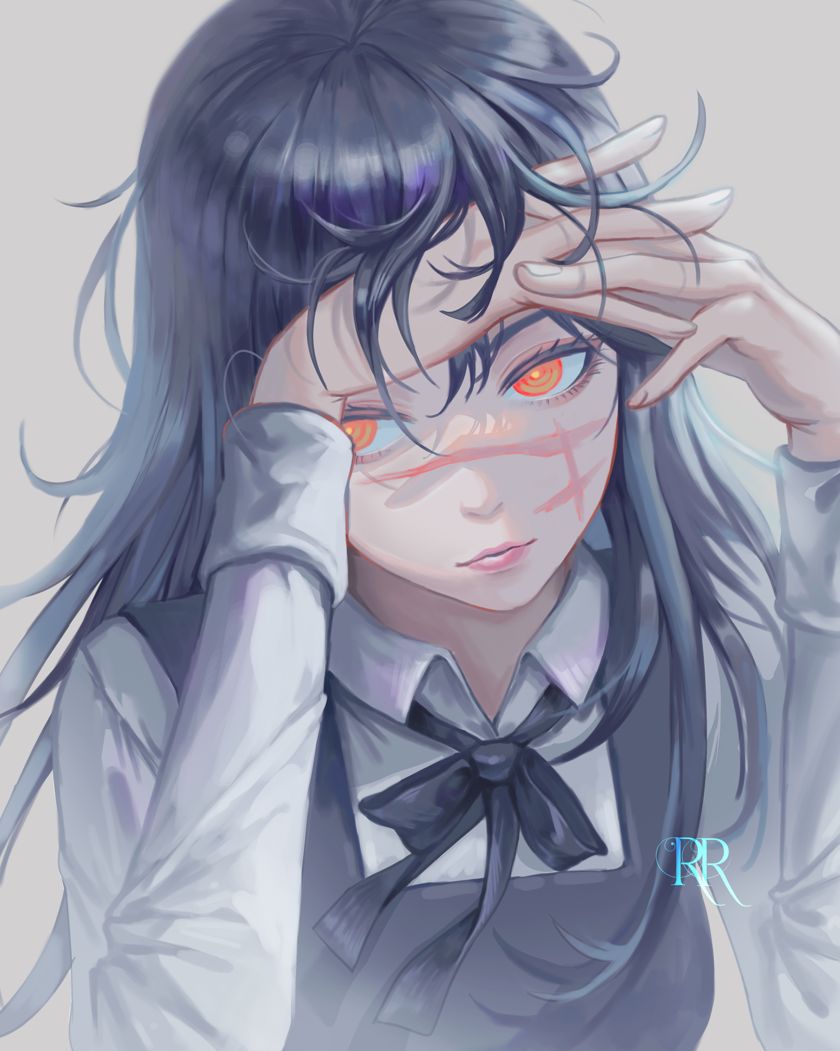 rolling-ruffles, yoru (chainsaw man), chainsaw man, absurdres, commentary, highres, symbol-only commentary, 1girl, black dress, black hair, black ribbon, cross scar, dress, long hair, neck ribbon, orange eyes, own hands together, pinafore dress, ribbon, ringed eyes, scar, scar on face, shirt, signature, simple background, sleeveless, sleeveless dress, solo, upper body, very long hair, white shirt