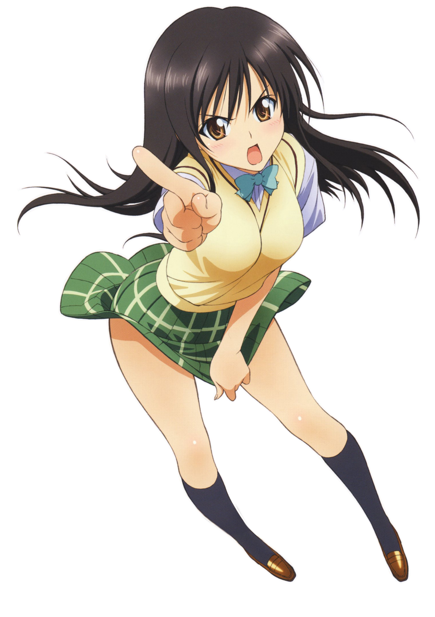 takami akio, kotegawa yui, to love-ru, highres, non-web source, 00s, 1girl, black hair, brown eyes, female focus, long hair, plaid clothes, plaid skirt, pointing, school uniform, skirt, solo