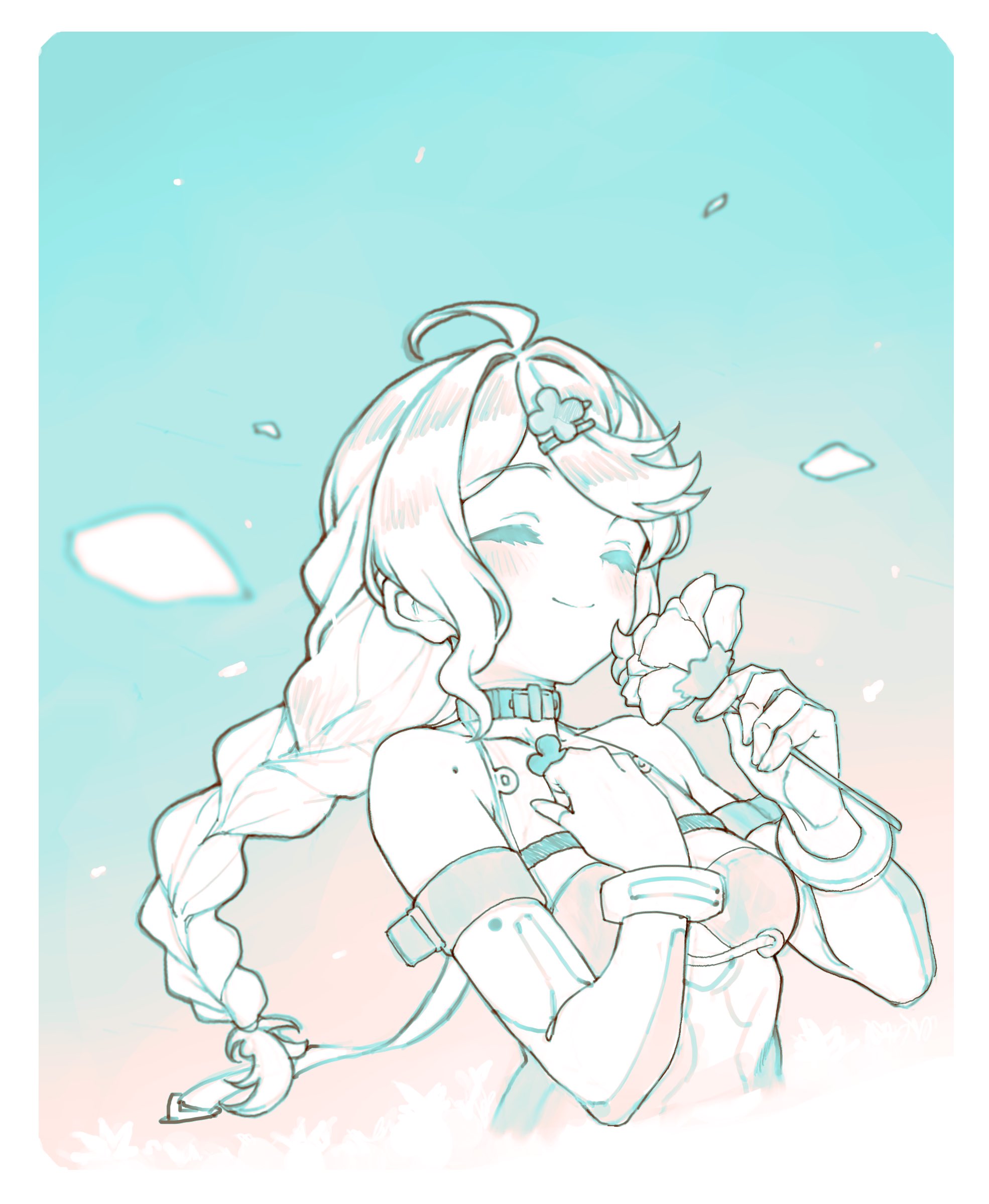 nosir onadat, seed (zenless zone zero), zenless zone zero, highres, 1girl, ^ ^, ahoge, armpit crease, asymmetrical bangs, blush, border, braid, closed eyes, collarbone, cropped torso, elbow gloves, falling petals, flower, gloves, gradient background, hair ornament, hairpin, hand on own chest, holding, holding flower, limited palette, long hair, mole, mole on shoulder, petals, single braid, smile, solo, white border