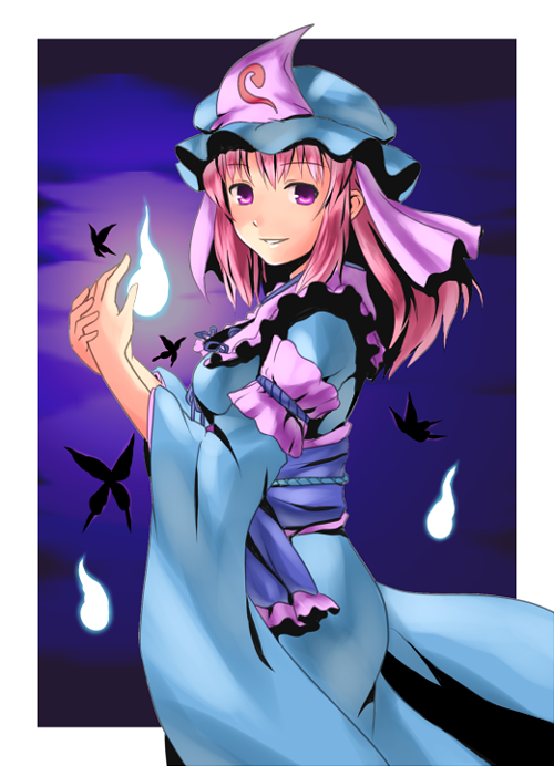 namine0079, saigyouji yuyuko, touhou, bad id, bad pixiv id, 1girl, breasts, bug, butterfly, dress, female focus, gradient background, hat, insect, japanese clothes, kimono, long hair, outdoors, pink hair, purple eyes, sky, smile, solo