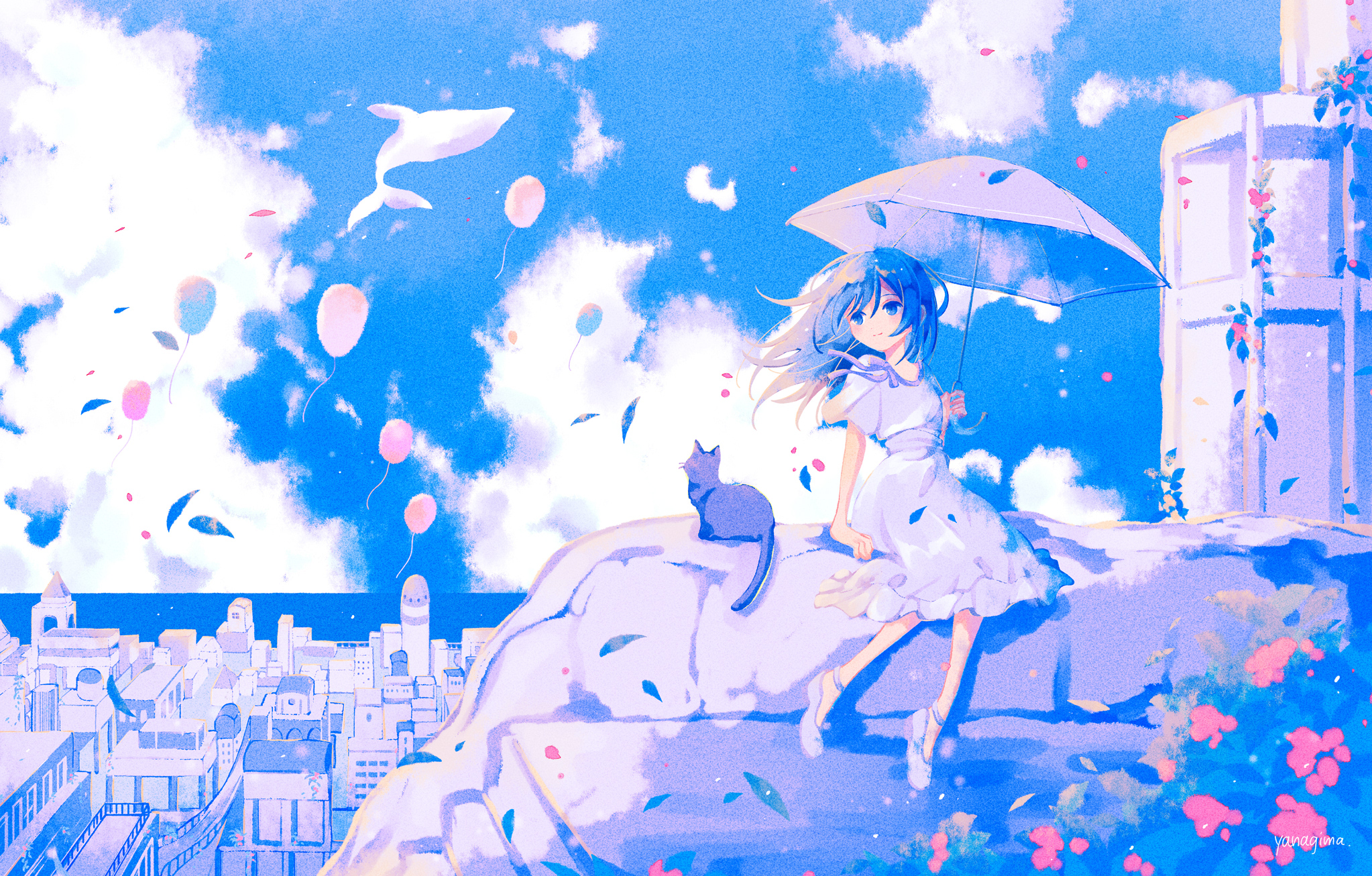 yanagima yu03, original, highres, arm support, balloon, black cat, blue eyes, blue sky, building, cat, cloud, dolphin, dress, flower, holding, leaf, light smile, long hair, ocean, parasol, petals, rock, side part, sitting, sky, umbrella, white dress