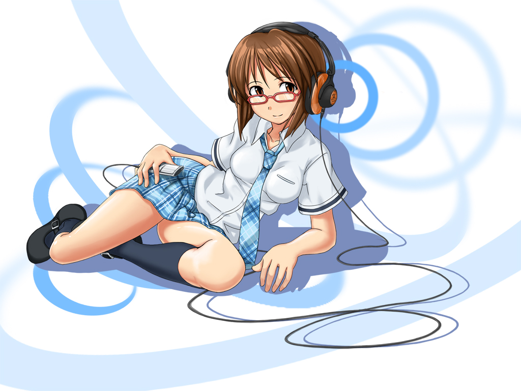 baakurou, hagiwara yukiho, idolmaster, idolmaster (classic), bad id, bad pixiv id, 00s, 1girl, arm support, black socks, brown eyes, brown hair, digital media player, female focus, glasses, headphones, kneehighs, necktie, plaid clothes, plaid skirt, red-framed eyewear, rough time school, school uniform, short hair, sitting, skirt, socks, solo, yokozuwari