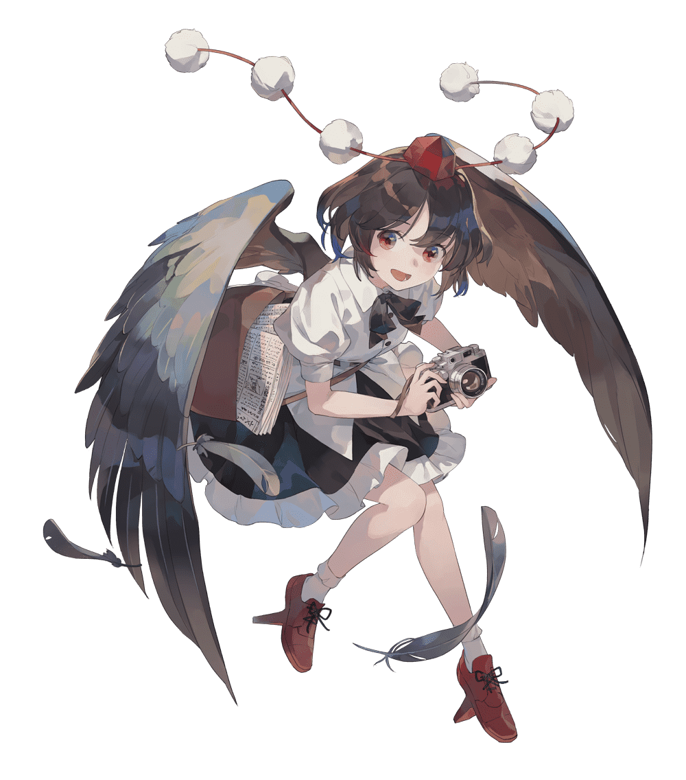 shihou (g-o-s), shameimaru aya, touhou, 1girl, bag, black bow, black bowtie, black feathers, black hair, black skirt, black wings, bow, bowtie, camera, collared shirt, feathered wings, feathers, frilled skirt, frills, from above, full body, geta, hat, holding, holding camera, knees, looking to the side, newspaper, open mouth, pom pom (clothes), puffy short sleeves, puffy sleeves, red eyes, red hat, red ribbon, red shoes, ribbon, satchel, shirt, shoes, short hair, short sleeves, skirt, smile, socks, solo, tengu-geta, tokin hat, transparent background, white shirt, white socks, wings