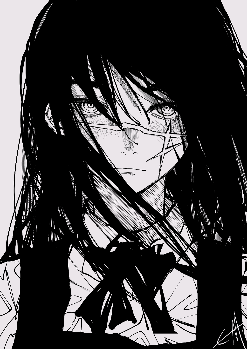 ema ema39, yoru (chainsaw man), chainsaw man, commentary, highres, 1girl, :|, closed mouth, cross scar, dress, dress shirt, greyscale, long hair, looking at viewer, monochrome, neck ribbon, pinafore dress, portrait, ribbon, ringed eyes, scar, scar on face, shirt, signature, simple background, sleeveless, sleeveless dress, solo, straight hair, white background