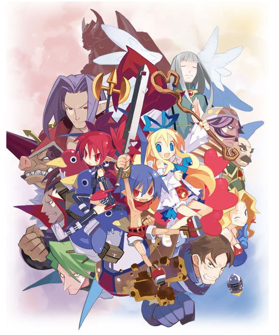 harada takehito, baal, baal (disgaea), carter (disgaea), etna (disgaea), flonne, gordon (disgaea), hoggmeister (disgaea), jennifer (disgaea), kurtis (disgaea), laharl, lamington (disgaea), maderas (disgaea), mid-boss, mid-boss (disgaea), mid boss, prinny, thursday (disgaea), vulcanus (disgaea 1), disgaea, makai senki disgaea, nippon ichi, silver hair, 00s, 3girls, 6+boys, blonde hair, blue hair, boots, bow, brown hair, demon, demon boy, demon girl, earrings, gloves, green hair, heart, jewelry, monster, multiple boys, multiple girls, purple hair, red hair, red shorts, shoes, shorts, sword, weapon